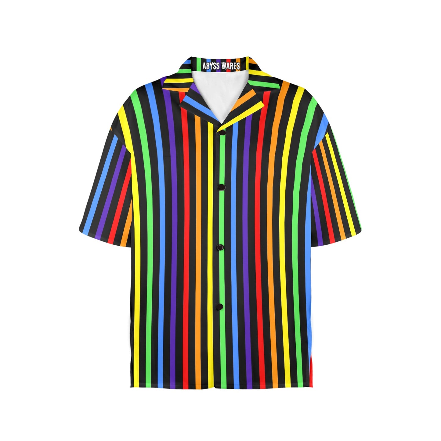 Colorful striped shirt with a brand label on a white background