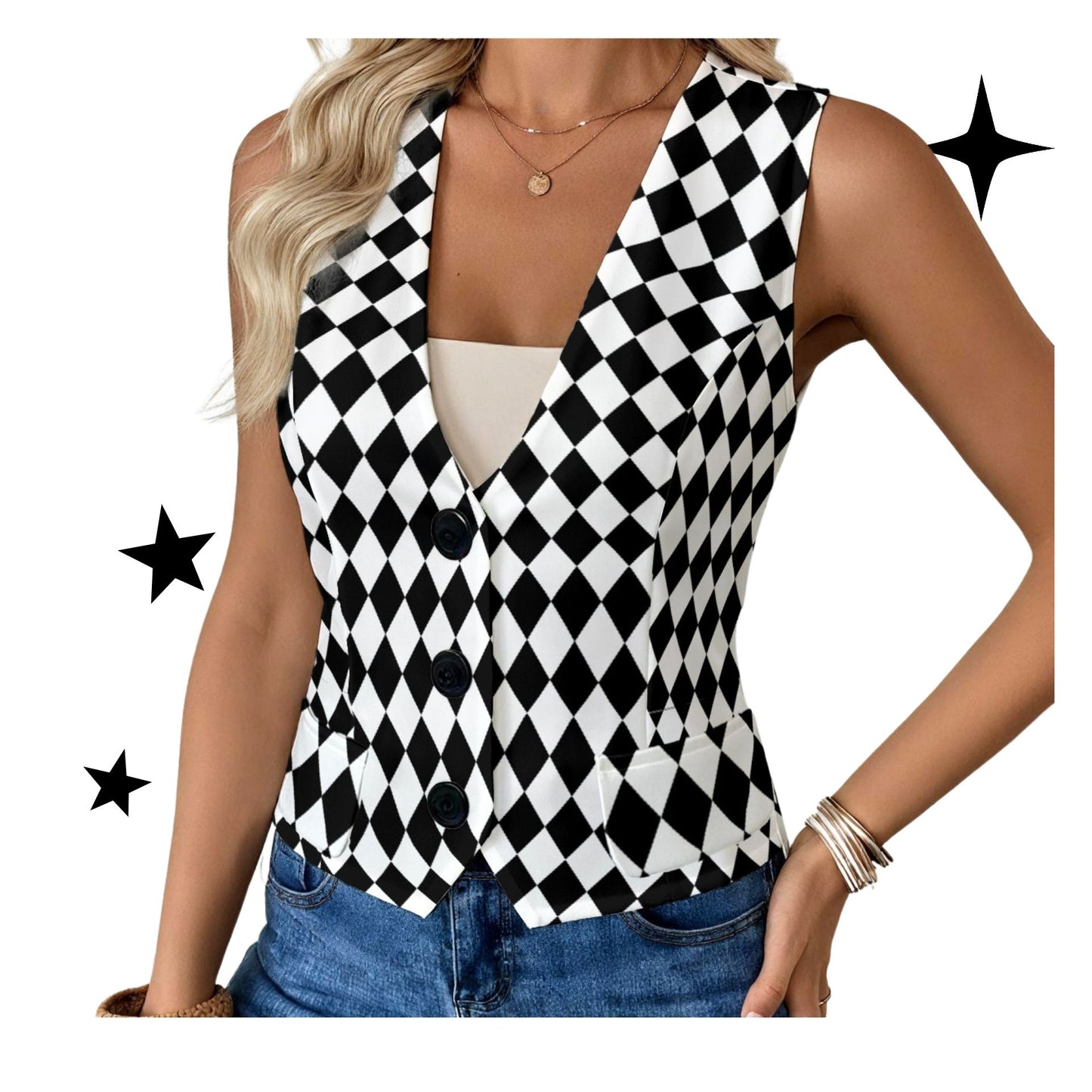 Schwarz-weiße Harlekin-Clownweste für Damen