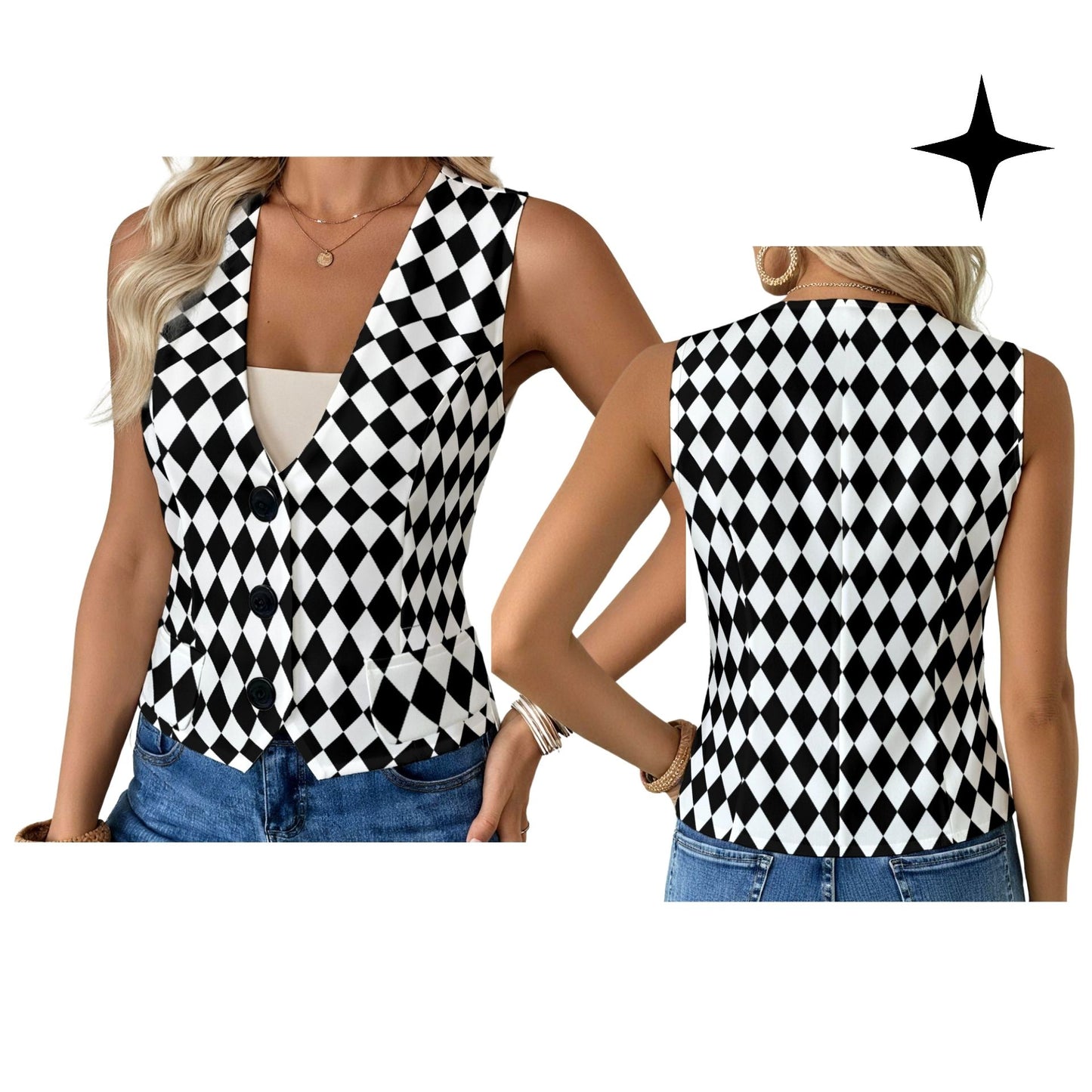 Schwarz-weiße Harlekin-Clownweste für Damen