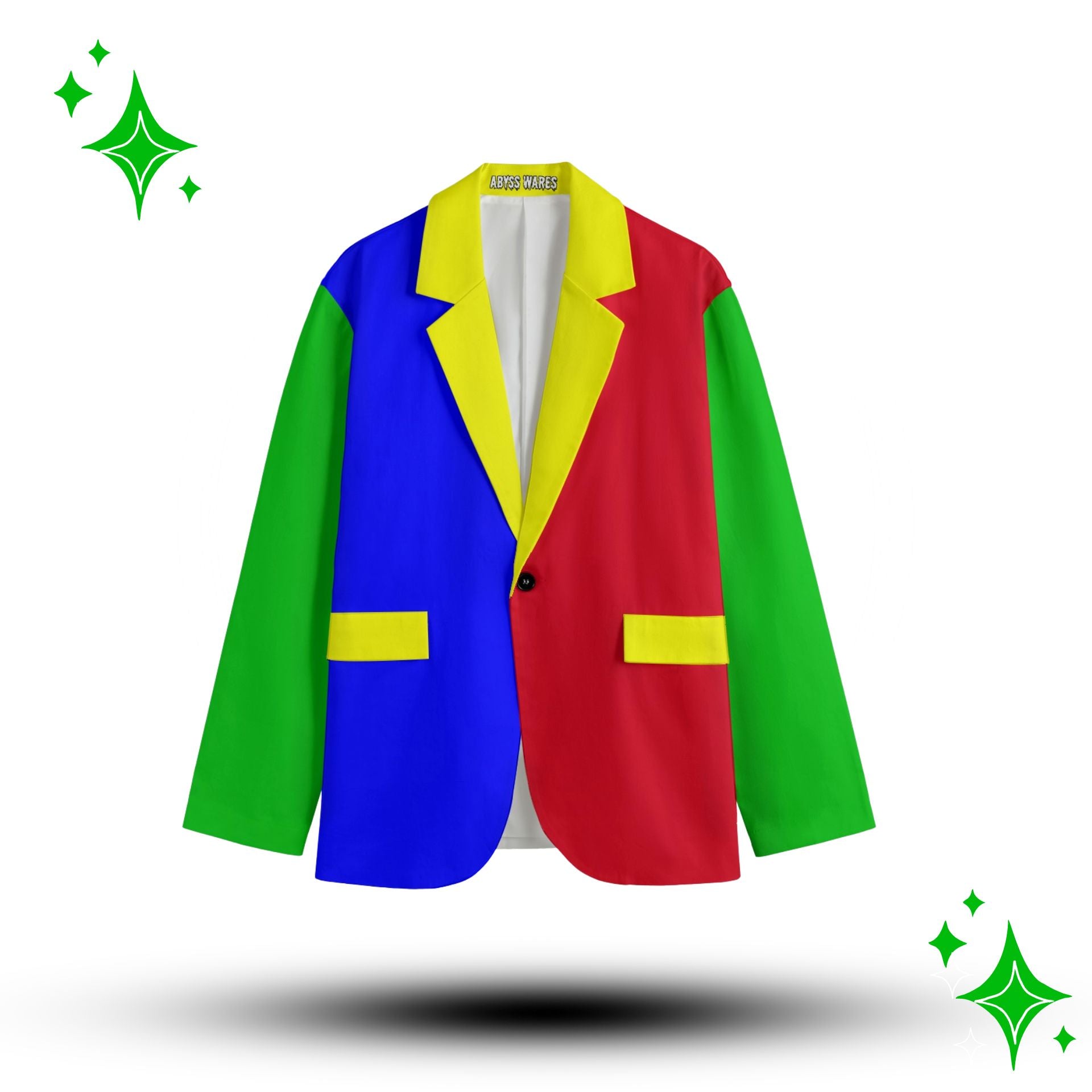Colorful blazer with red, blue, green, and yellow on a white background