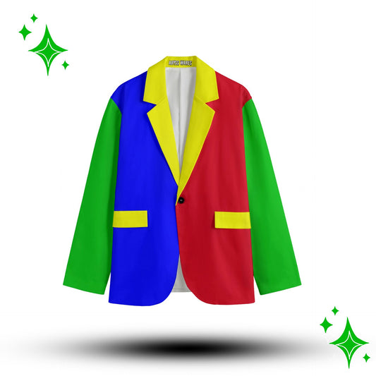 Colorful blazer with red, blue, green, and yellow on a white background