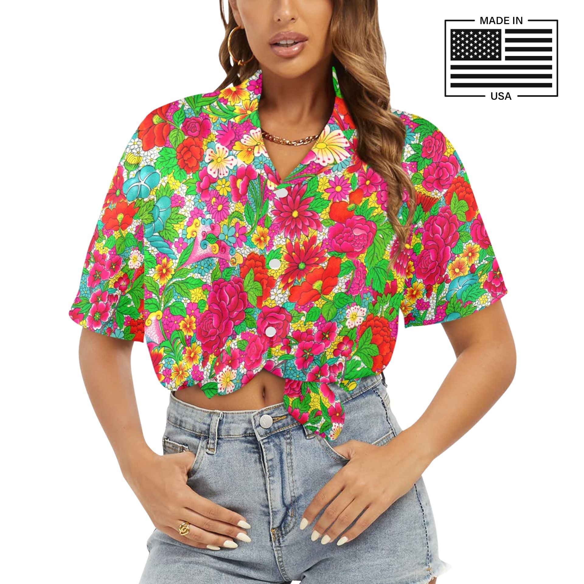 colorful flower garden print Hawaiian shirt for women