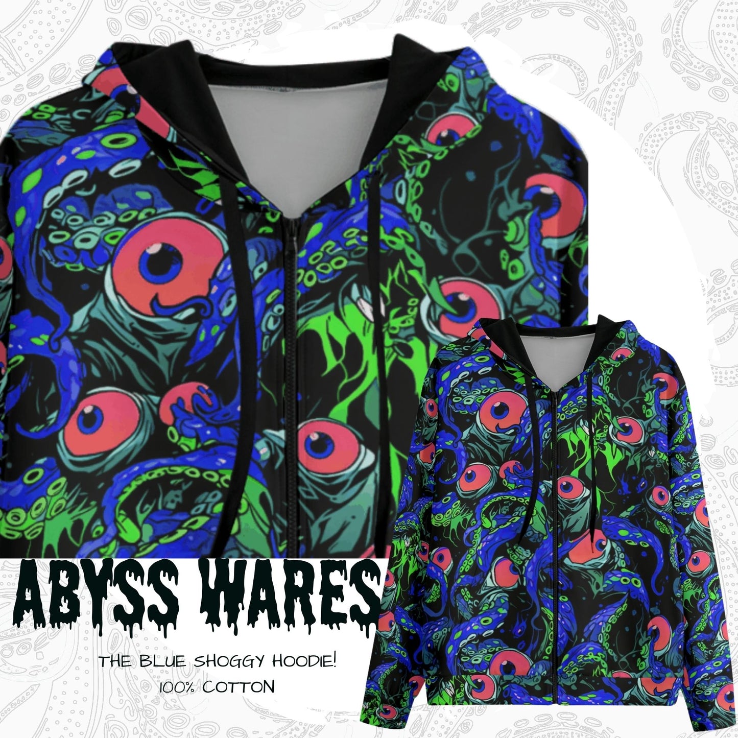 Blue Shoggy Zip Up Hoodie Tentacle Eyeball Anime Lovecraft Cthulhu Nonbinary Weirdcore Cyberpunk