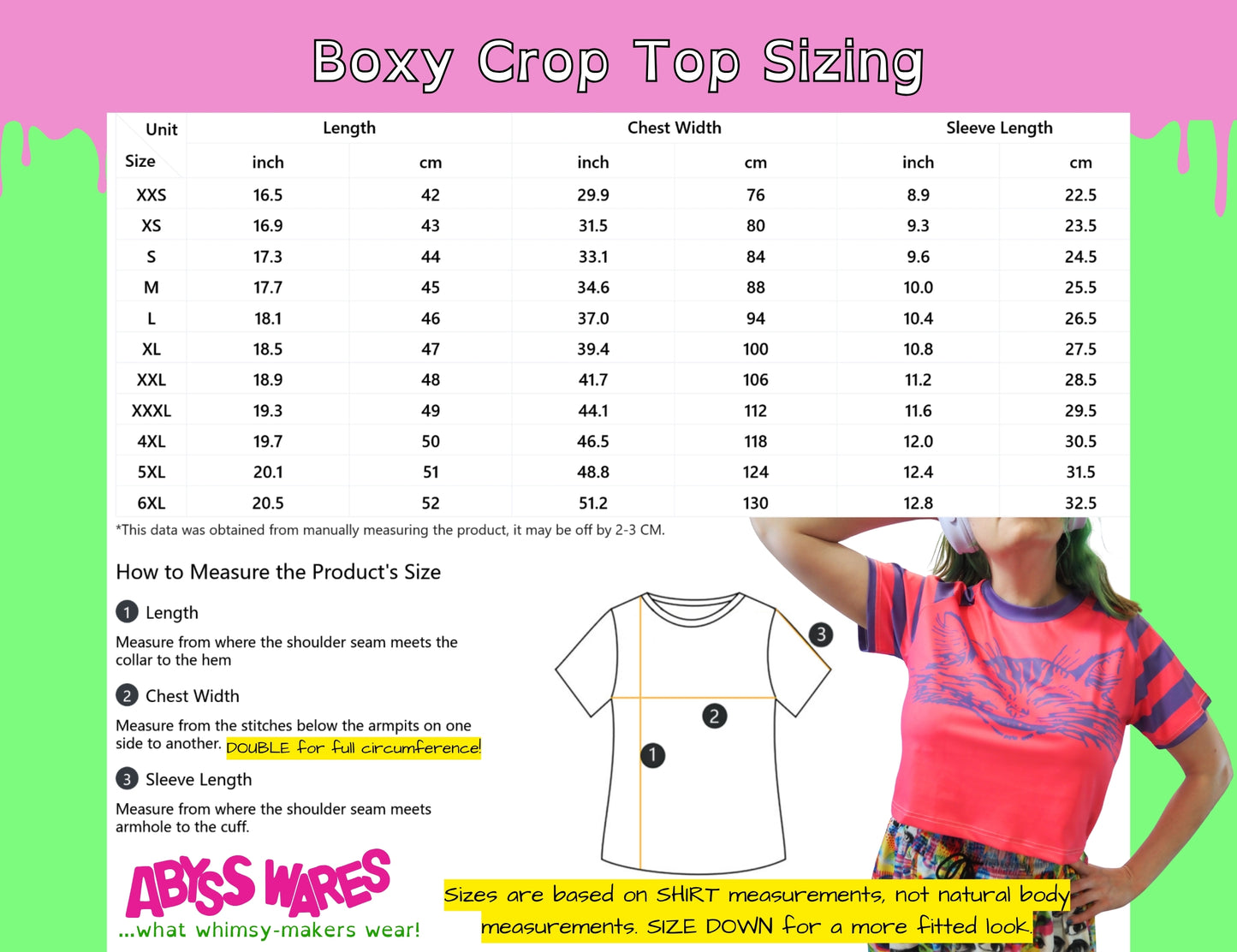 A sizing chart for a boxy crop top, showing a size table, measurement instructions, and a line drawing of a shirt with measurement markers. A woman is standing on the right side, wearing a pink and blue patterned crop top, with a bright pink and green background.