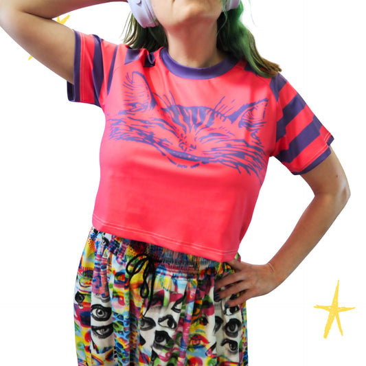 Boxy Crop Top Cheshire Cat Pink Purple Womens Cropped Tee Shirt