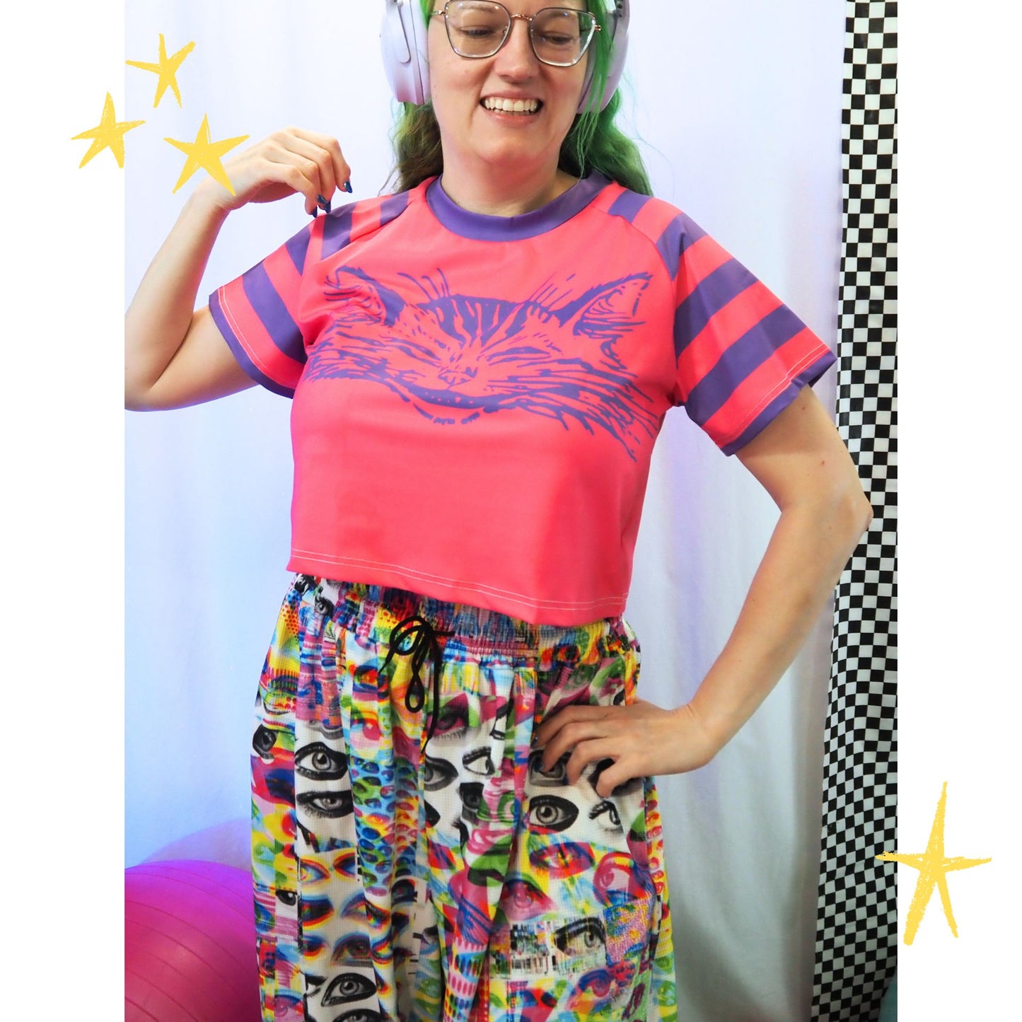 Boxy Crop Top Cheshire Cat Pink Purple Womens Cropped Tee Shirt
