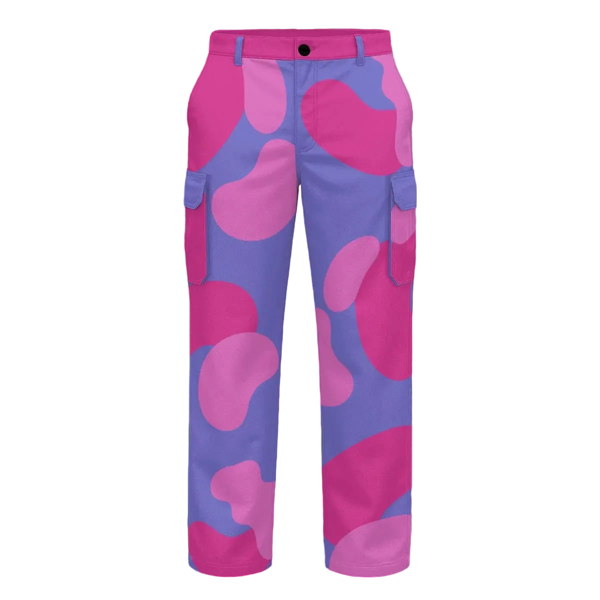 Bubblegum Adventure Clown Cargo Pants pink silly blobs on a purple periwinkle background all-over fun print clown pants