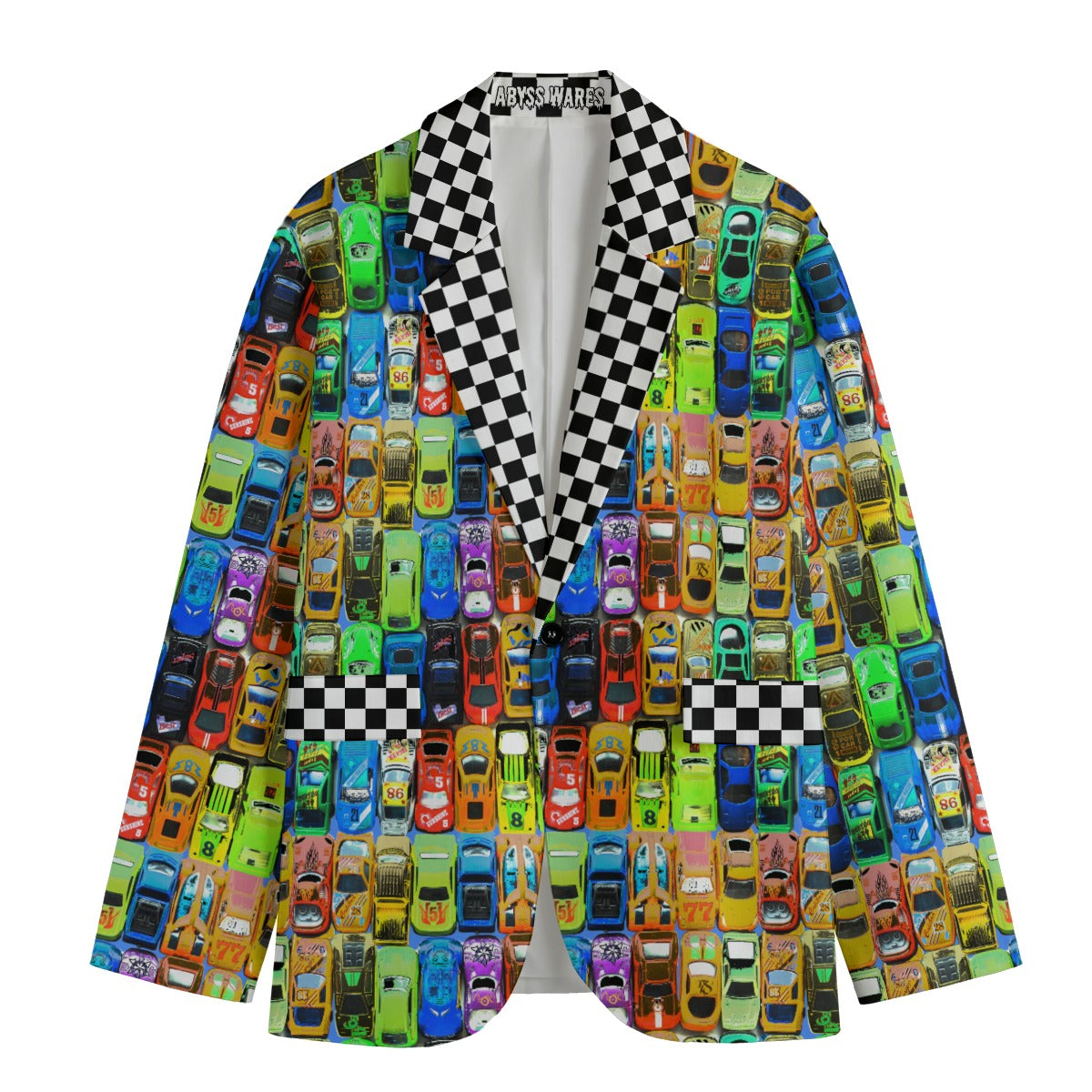 Colorful suit jacket with toy car pattern and checkered collar on a white background