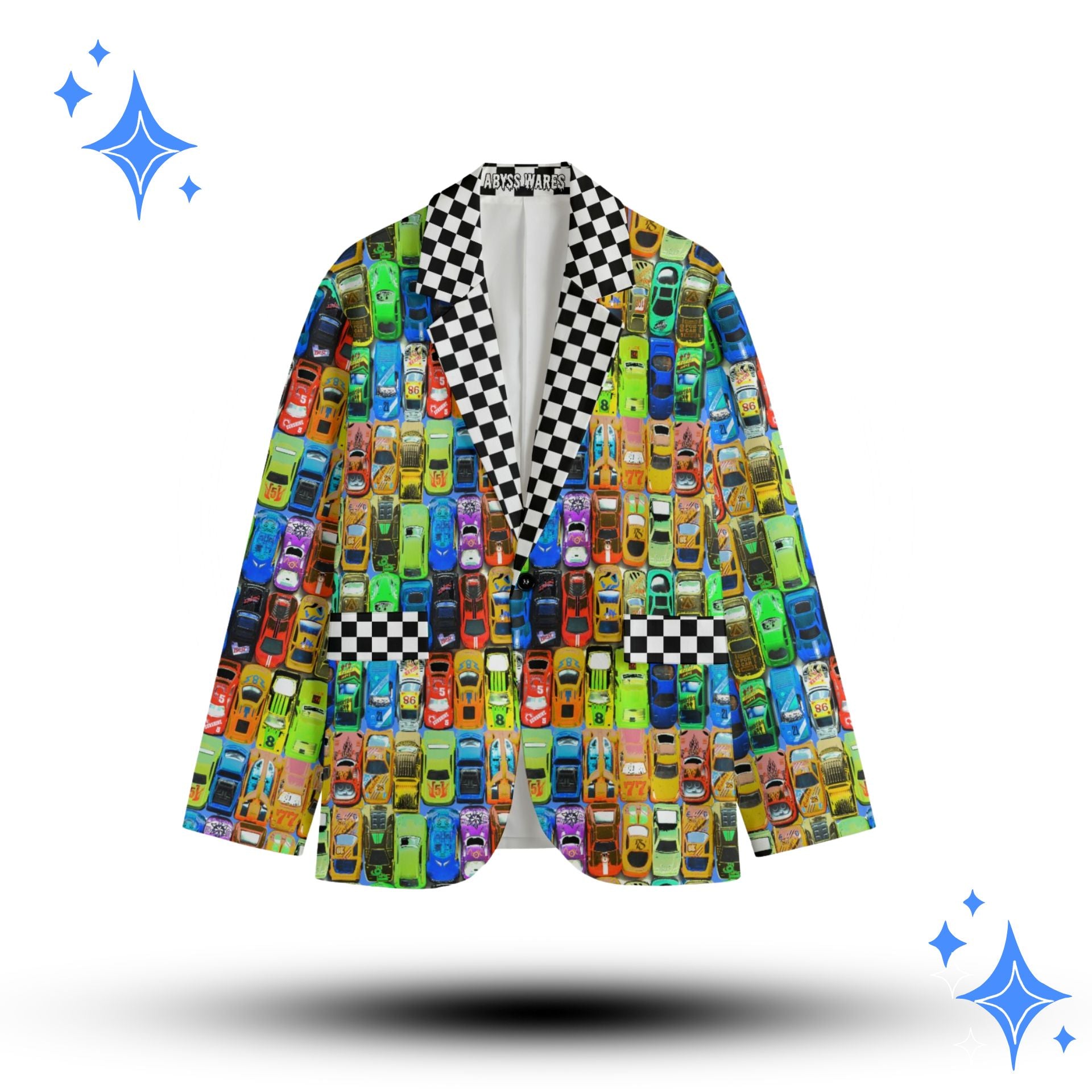 Colorful adult clown suit jacket blazer with toy car pattern on a white background