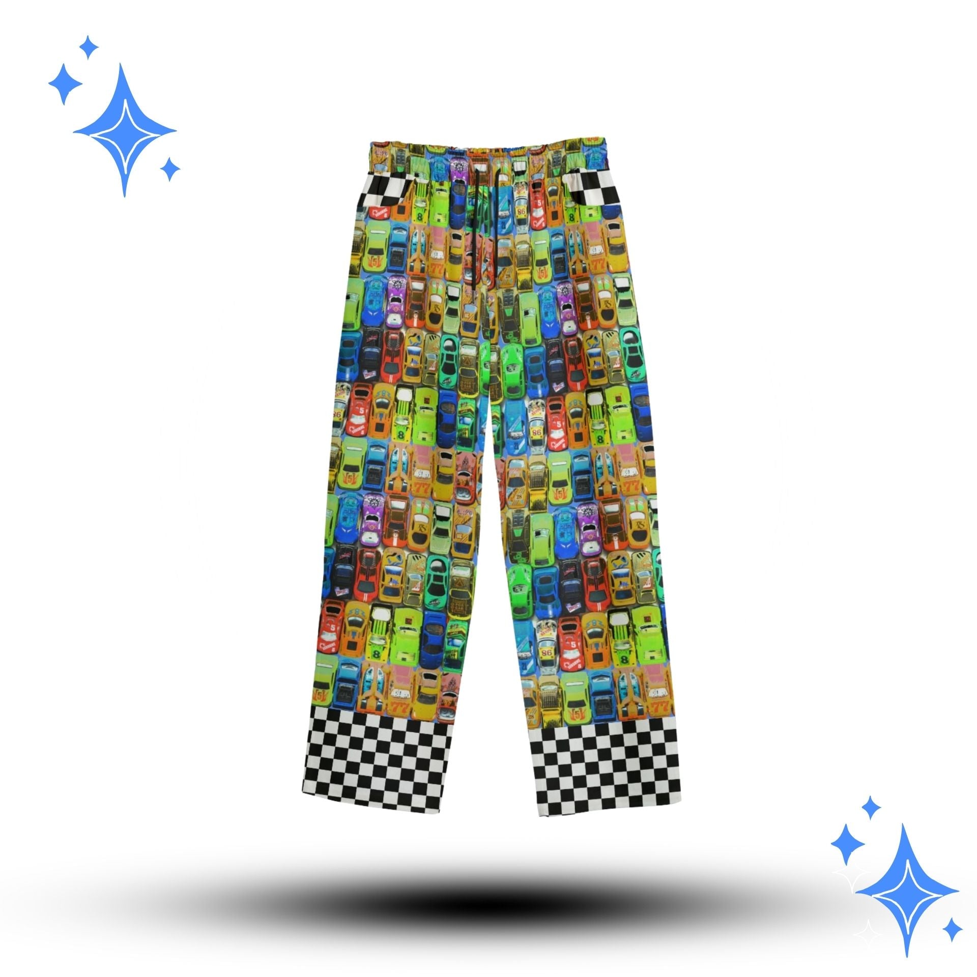 cotton clown suit pants with a rainbow toy car pattern all over and printed checkered cuffs