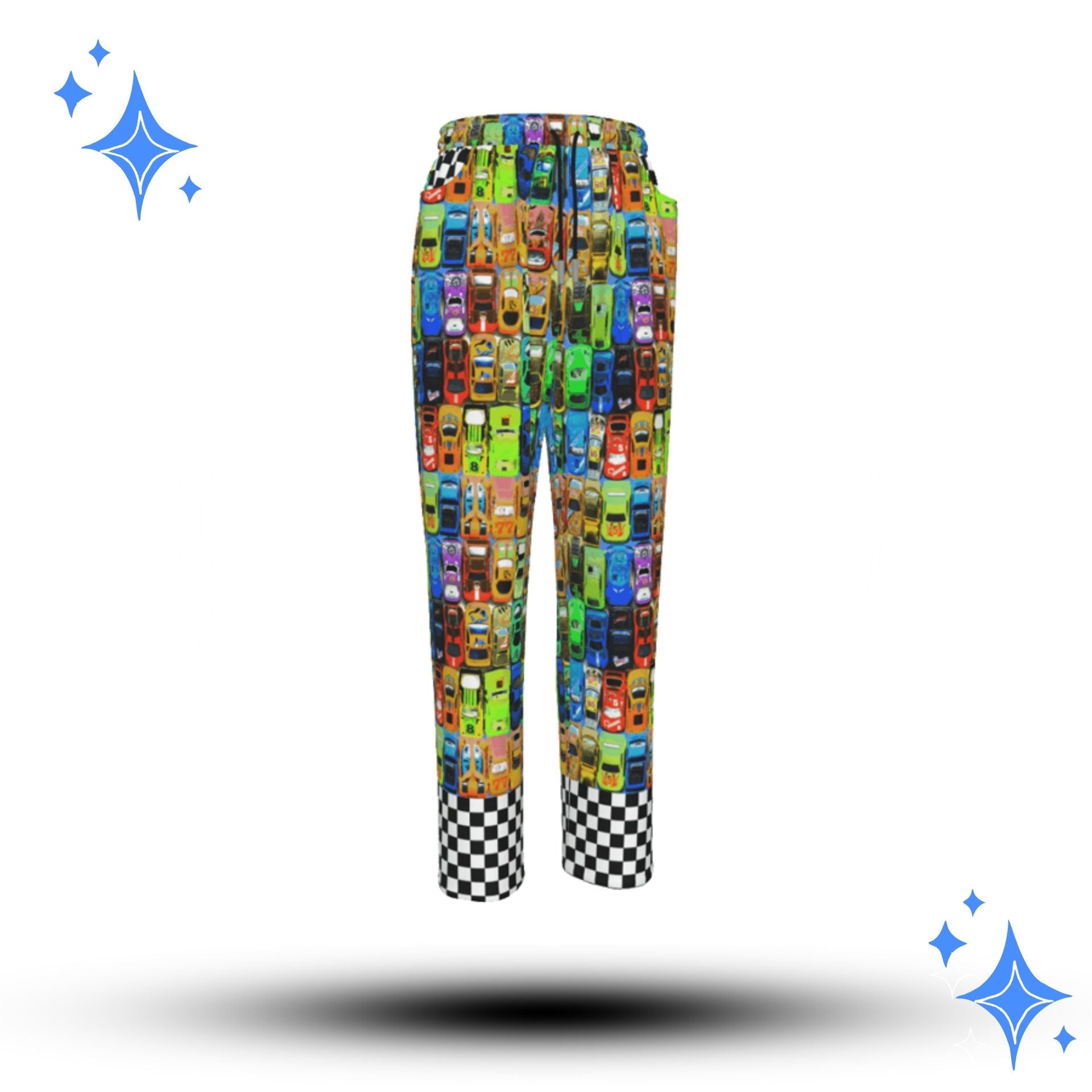 Colorful patterned pants with a checkered bottom section on a white background