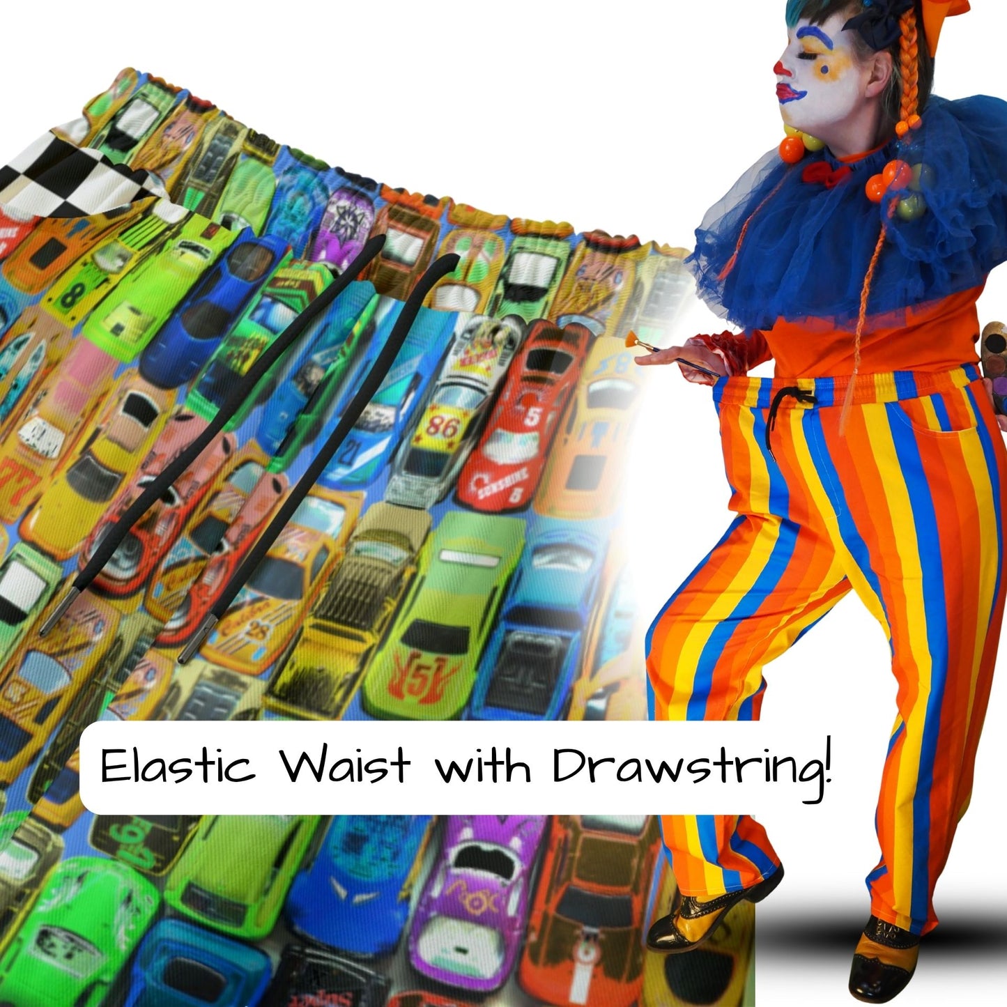 Colorful pants with car pattern and elastic waist feature, worn by a person in clown costume.