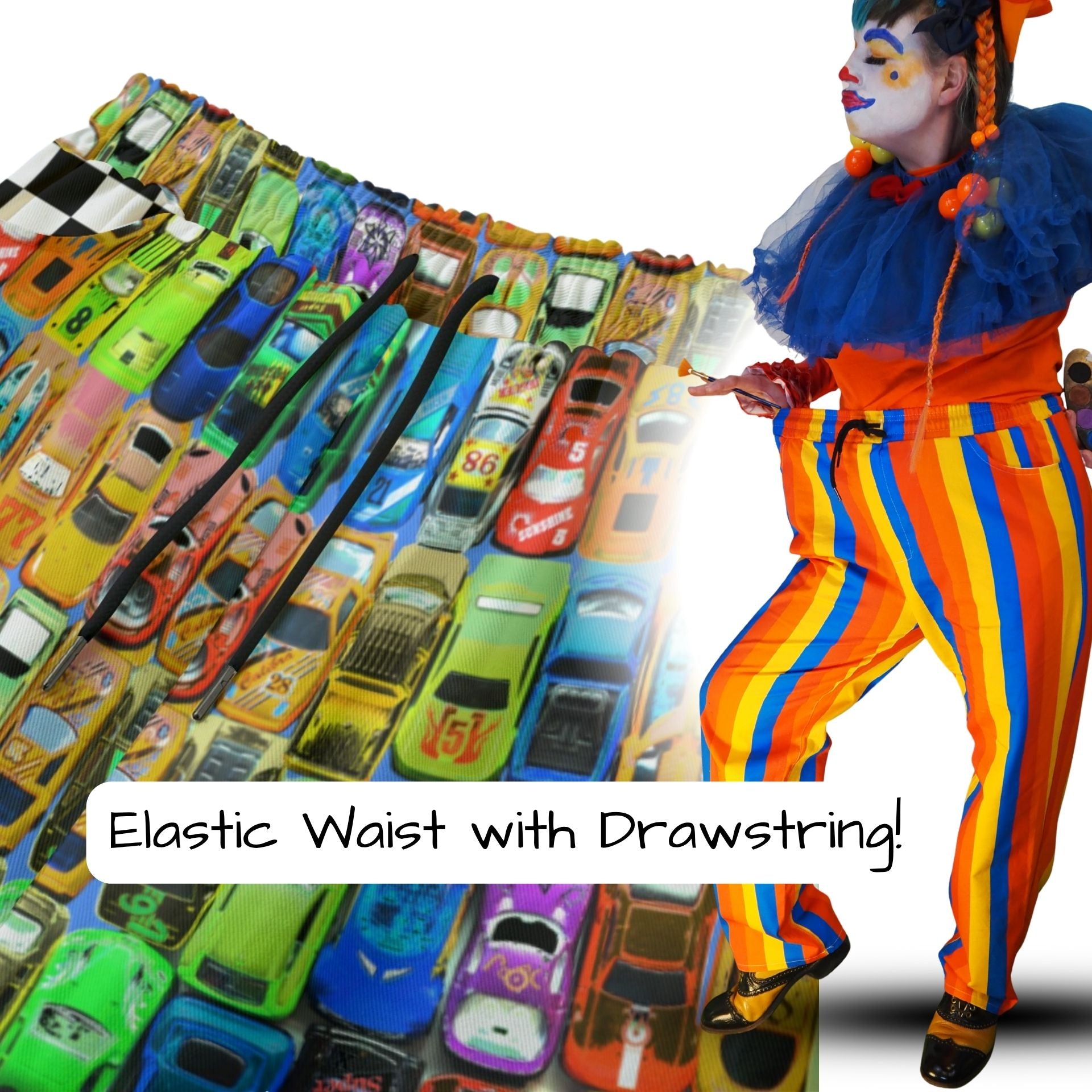 Colorful pants with car pattern and elastic waist feature, worn by a person in clown costume.