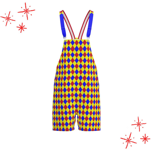 Colorful diamond-patterned overalls on a white background with red star-like decorations.