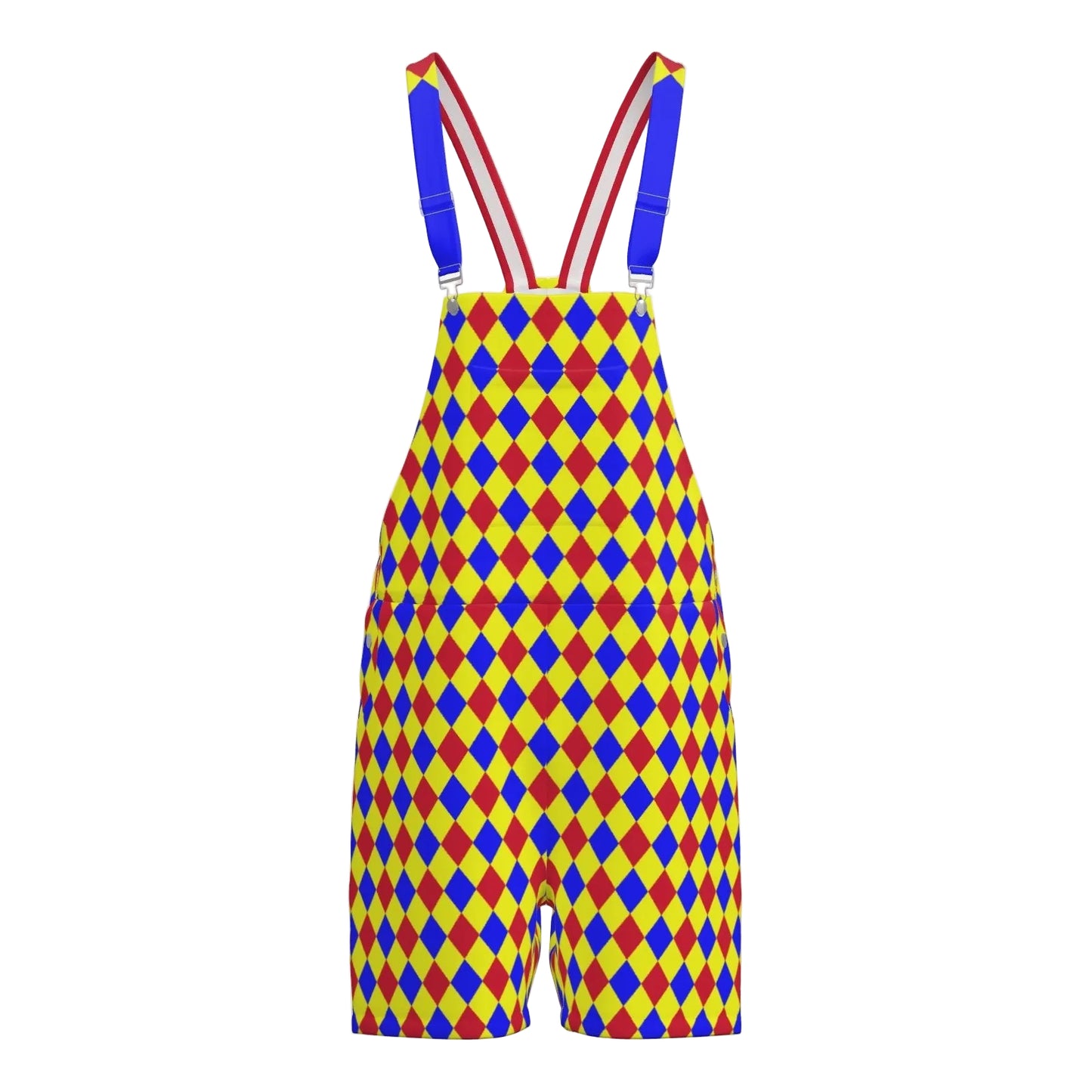 Colorful diamond-patterned overalls with red suspenders on a white background