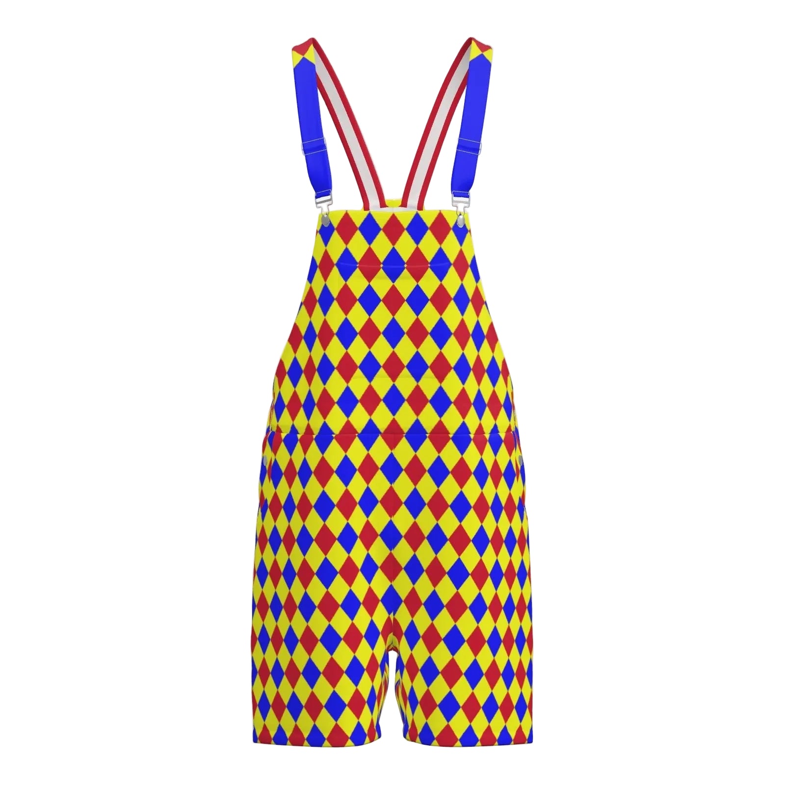 Colorful diamond-patterned overalls with red suspenders on a white background
