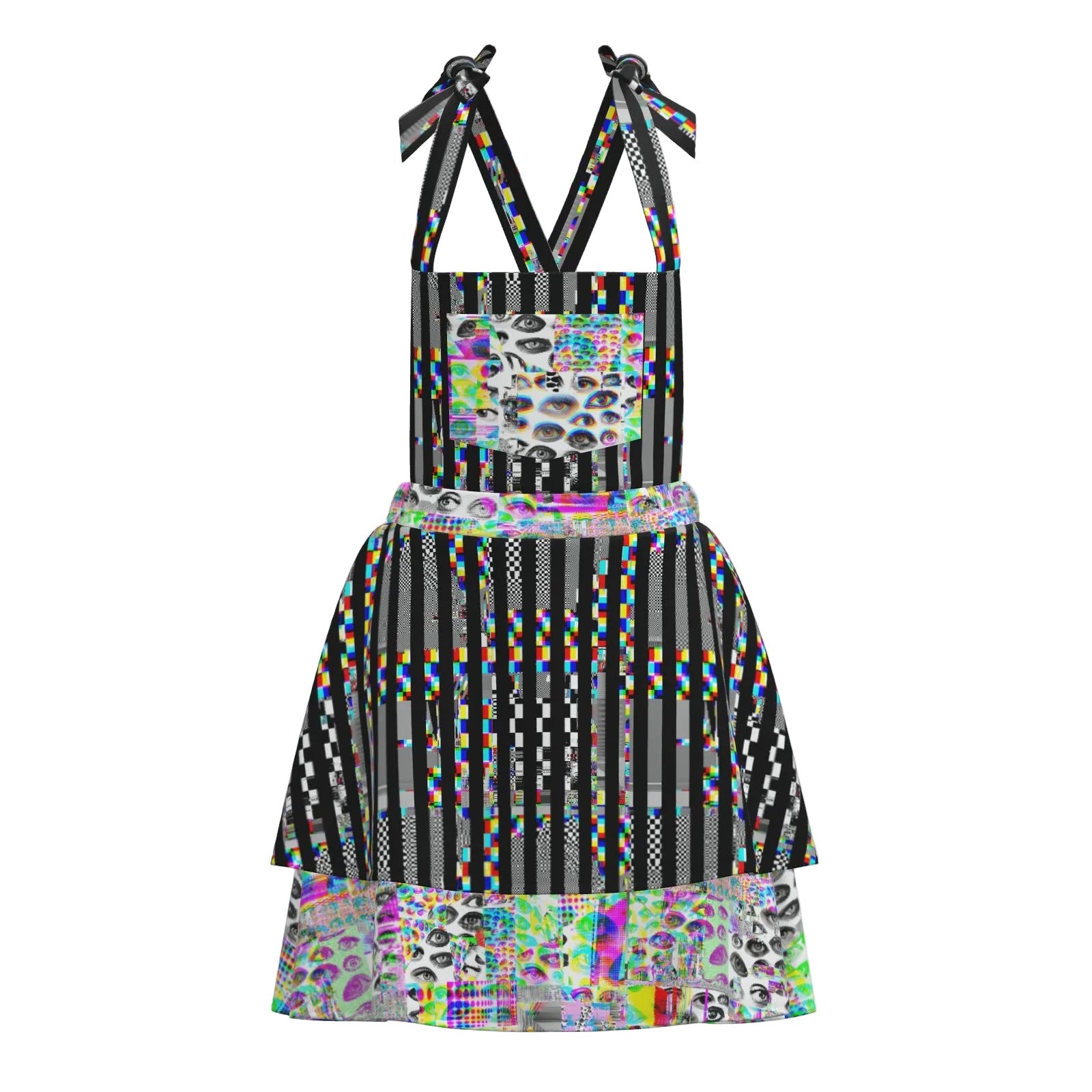 Multicolored weirdcore apron dress with glitch patterned stripes and eyeballs design