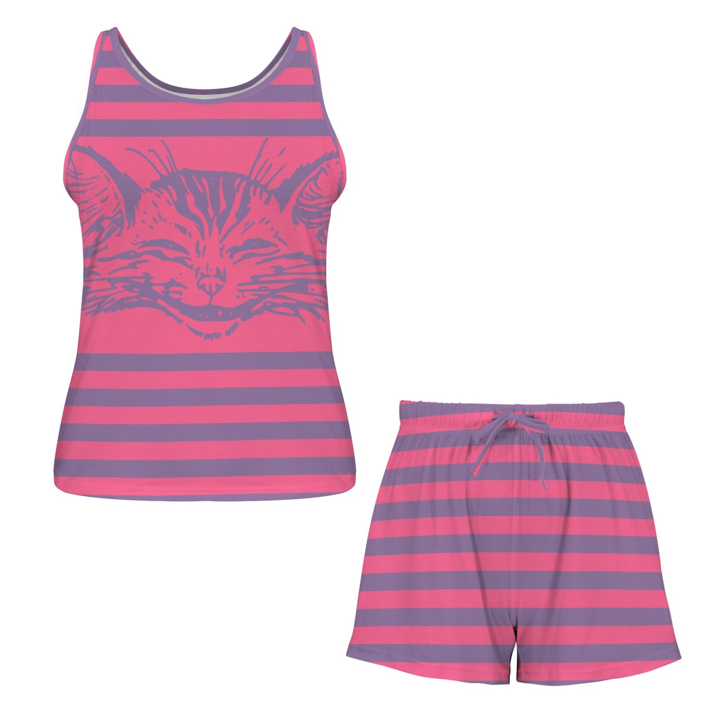 Pink and purple striped tank top and shorts set with cat design on a white background
