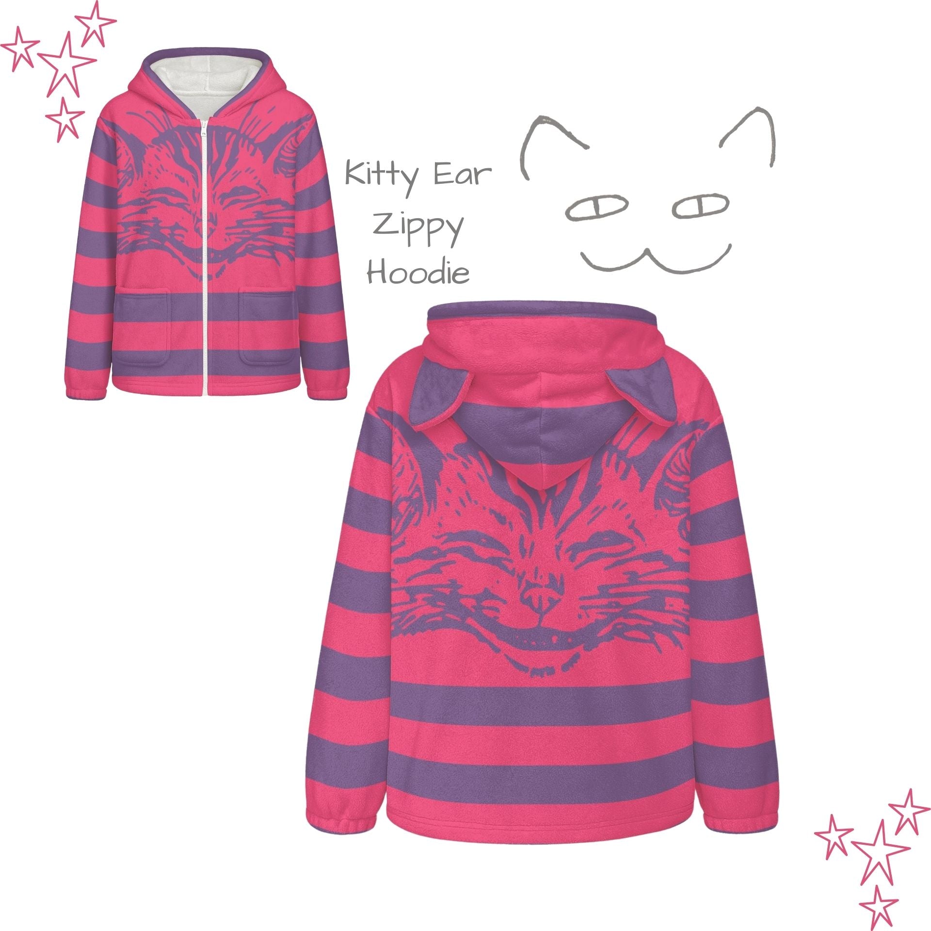 Pink and purple striped hoodie with cat design on a white background