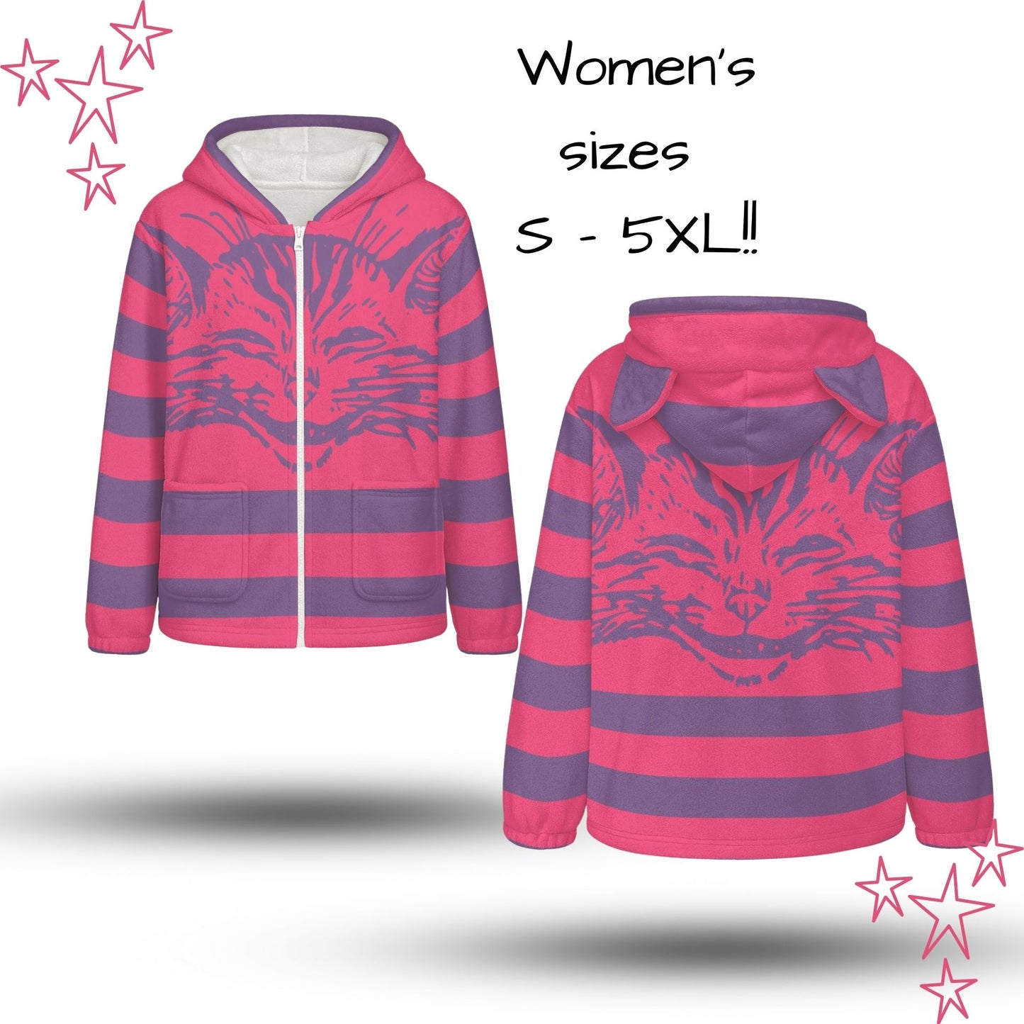Kapuzenpullover mit Reißverschluss und Cheshire-Katzenohren aus flauschigem Fleece