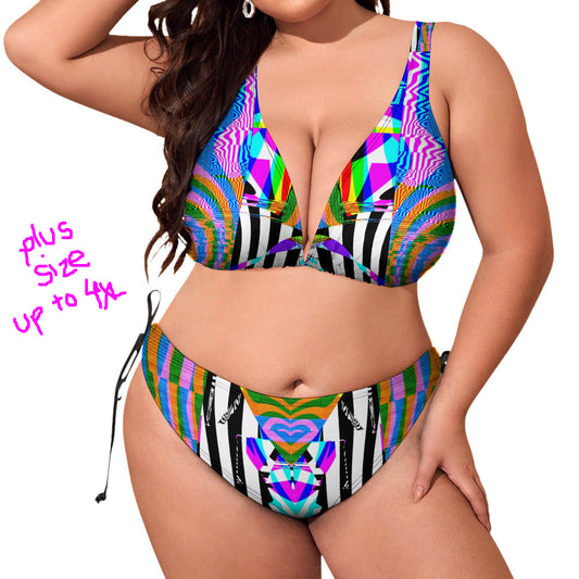 woman modelling a glitchy colorful plus size string bikini
