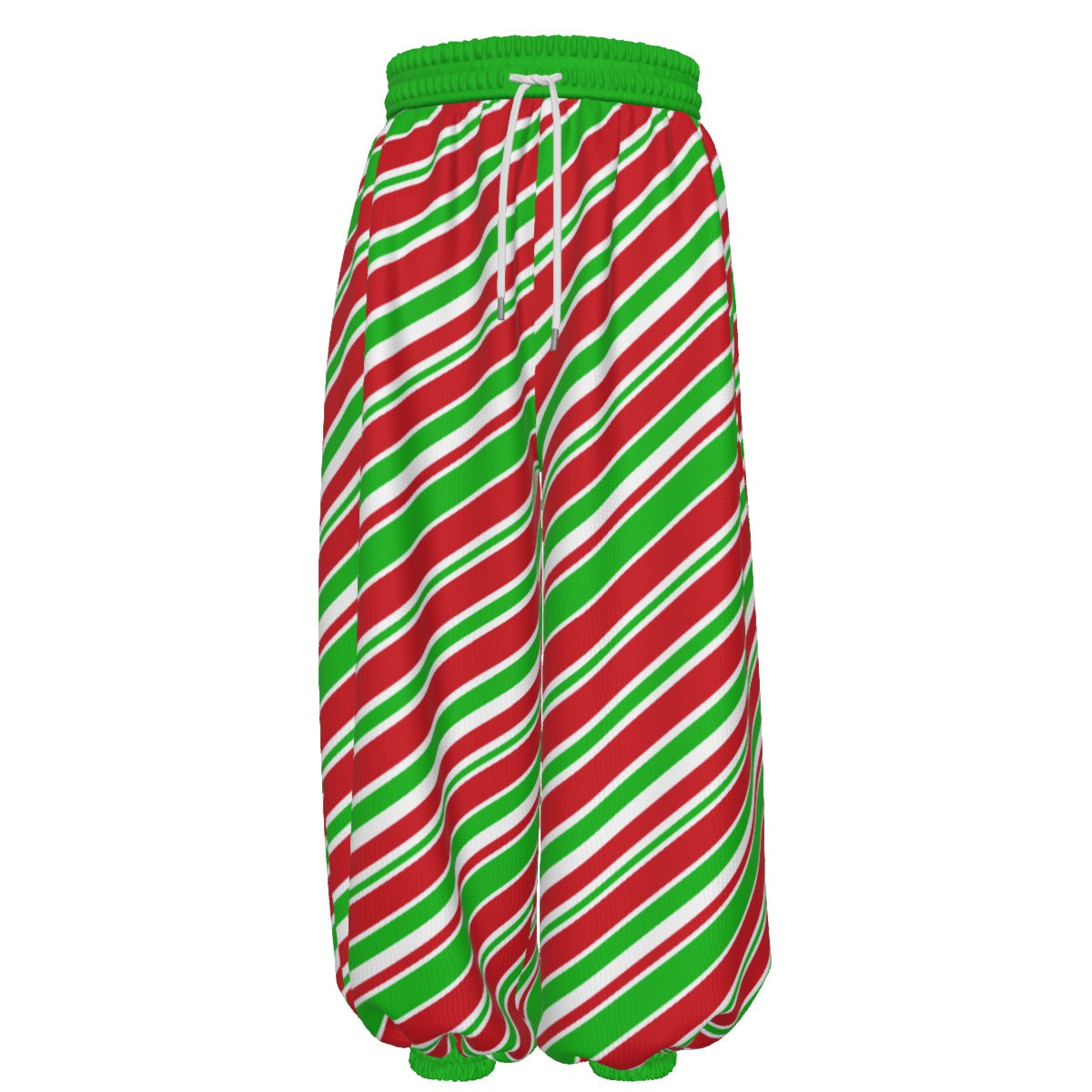 Baggy clowncore style Red and green striped clown pants with a green waistband on a white background