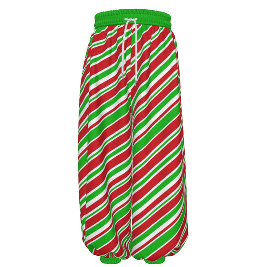 Baggy clowncore style Red and green striped clown pants with a green waistband on a white background