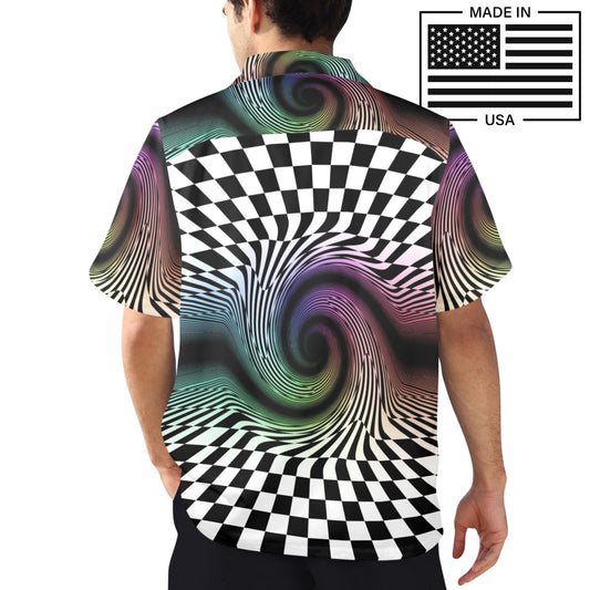 mens Hawaiian shirt with checkerboard pattern warping into colorful spirals for weirdcore outfits and raves, made in USA