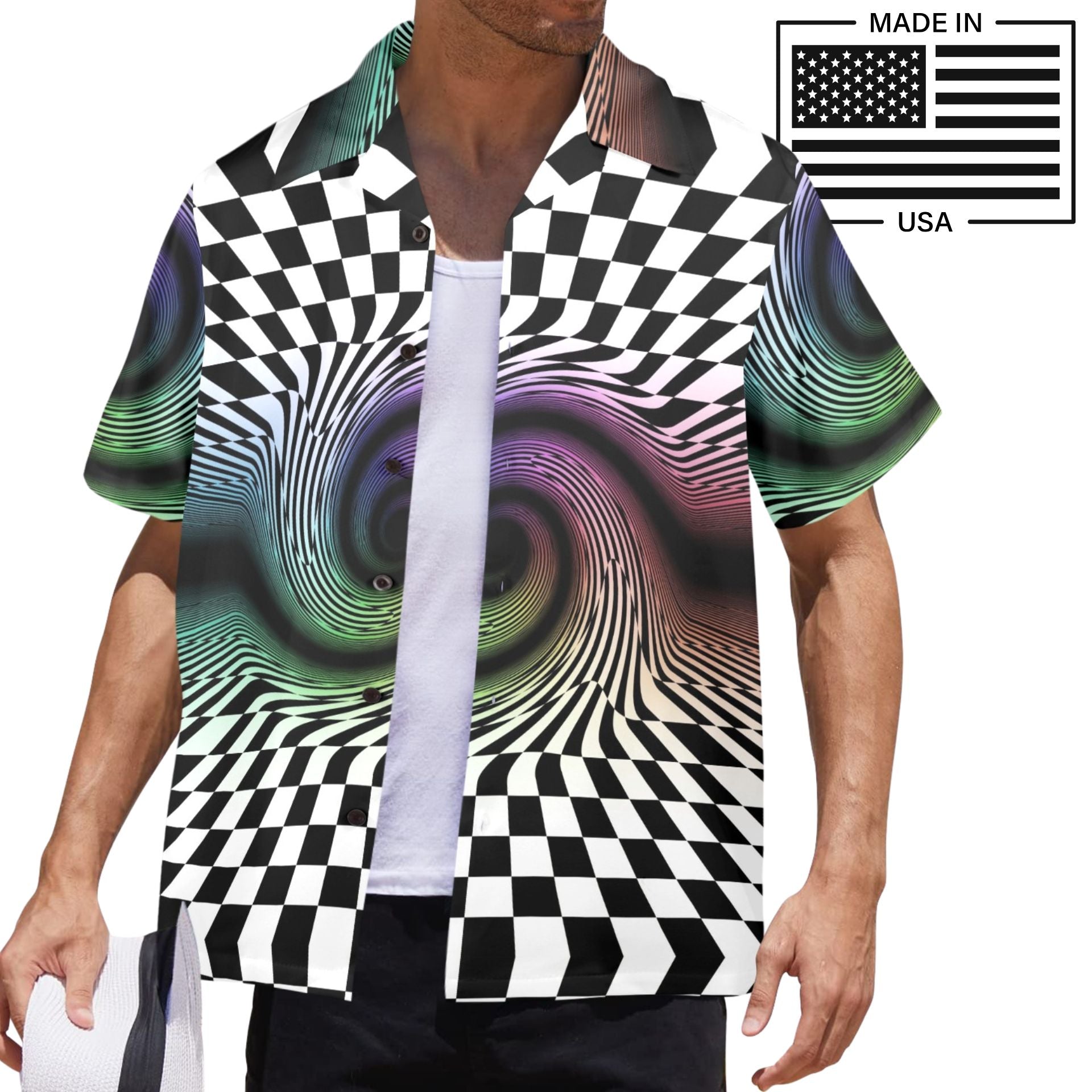 Alternative style fashion bowling shirt for men with trippy check and rainbow spiral pattern, made in America tariff-free