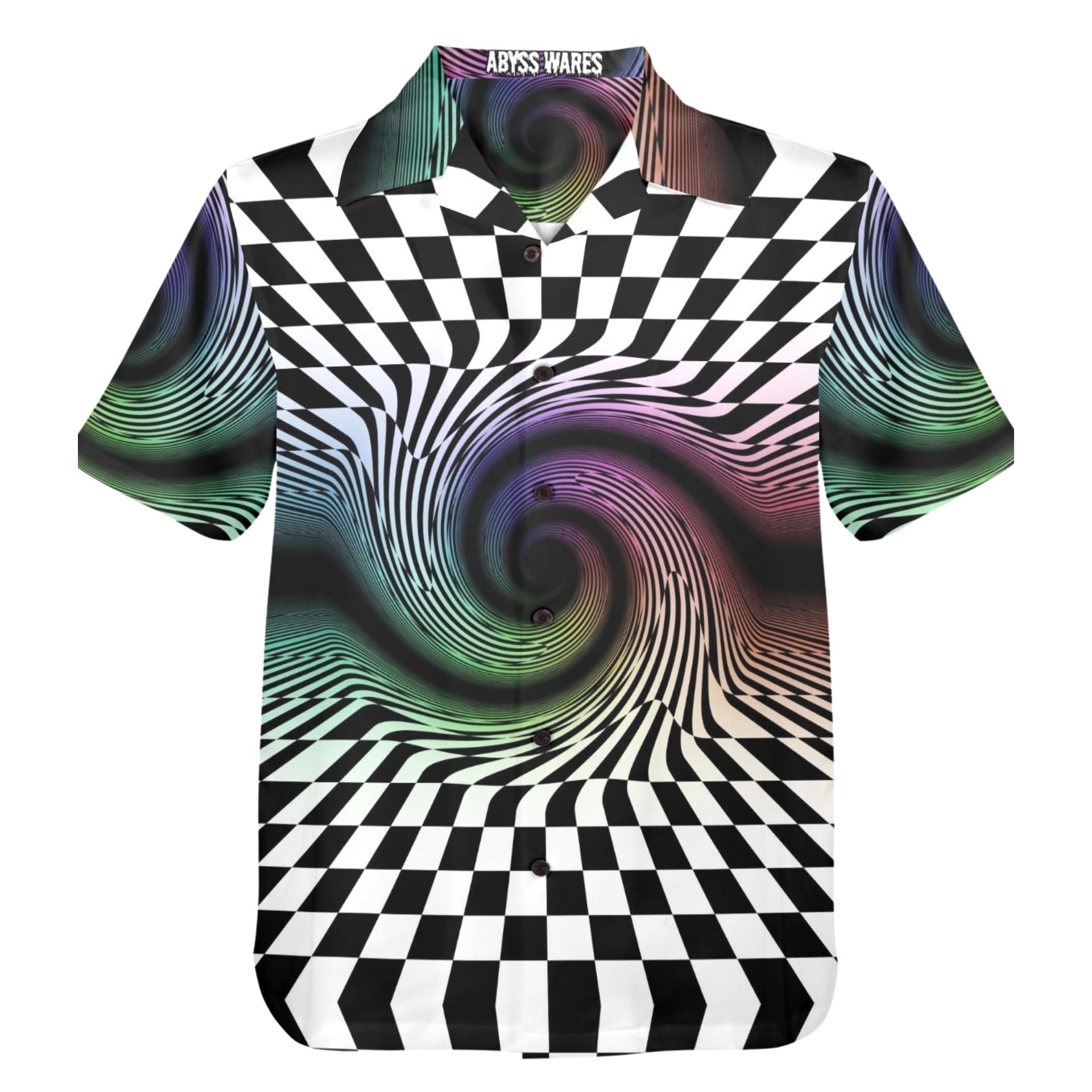 Trippy mens Hawaiian shirt with dark rainbow spirals and warped checkerboard pattern