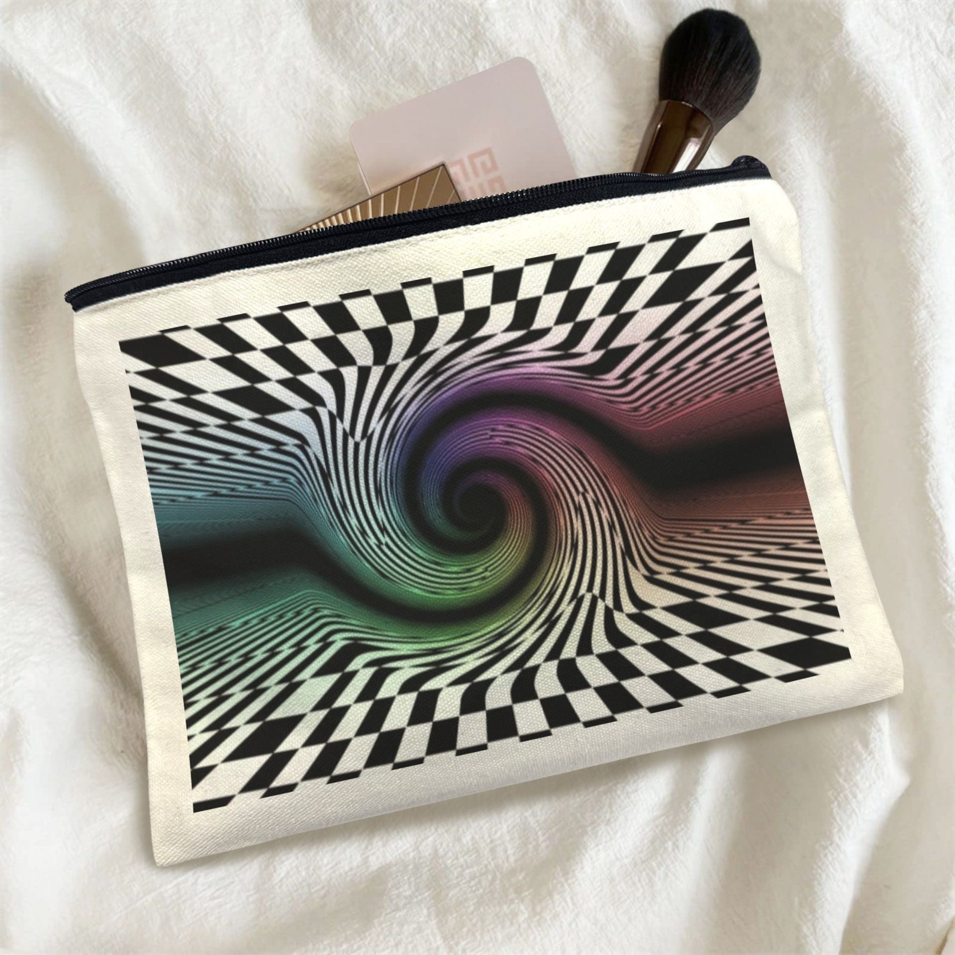 trippy rainbow spiral checkered zipper pouch for organizing your purse or backpack in poly cotton canvas