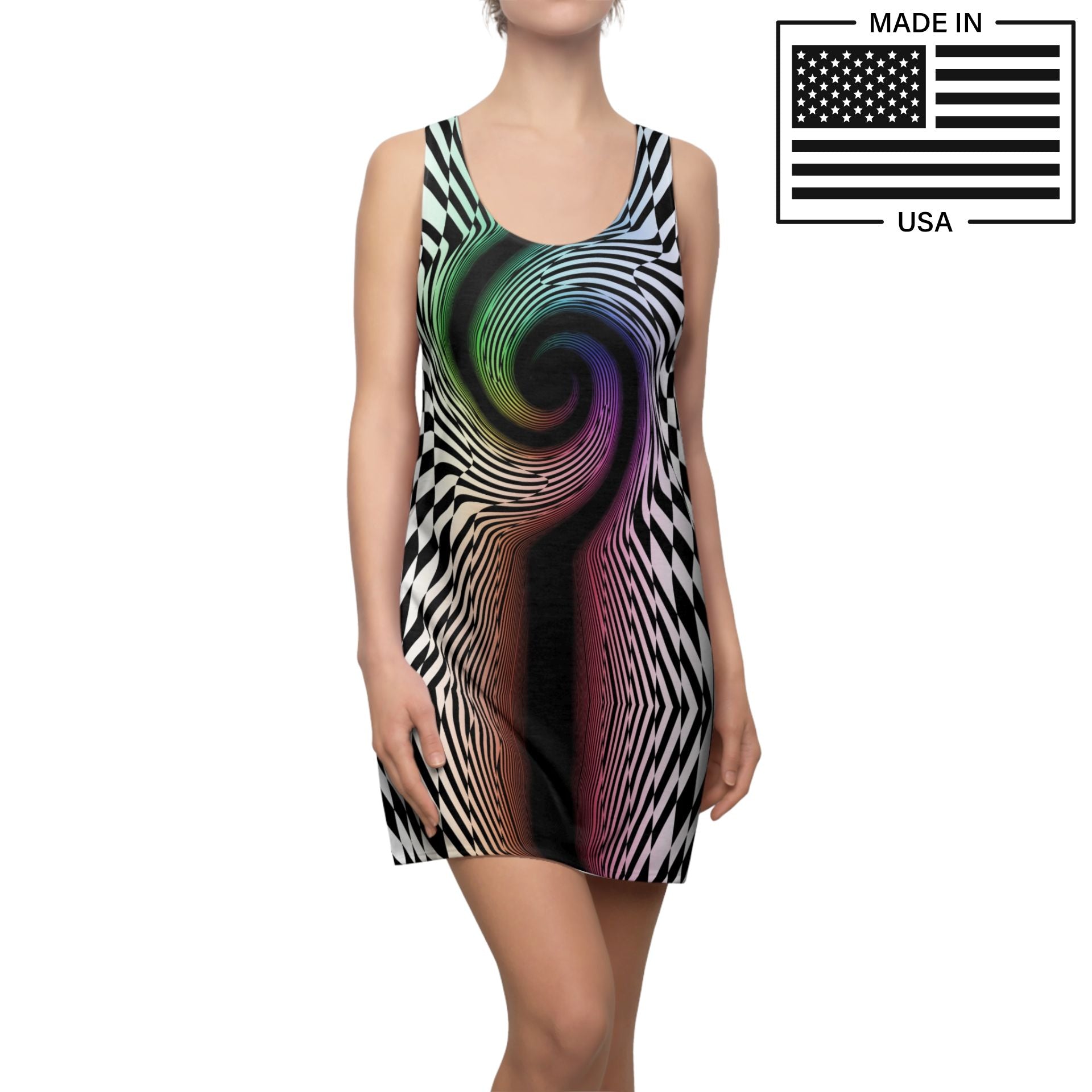 womens ravewear tank dress made in USA featuring rainbow spiral and checkerboard pattern
