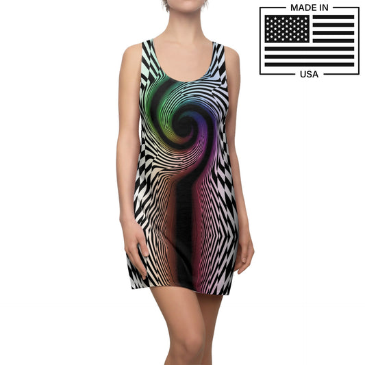 womens ravewear tank dress made in USA featuring rainbow spiral and checkerboard pattern