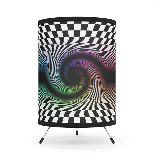 weird fabric lampshade tripod lamp with trippy rainbow spiral and checkerboard pattern, made in the USA