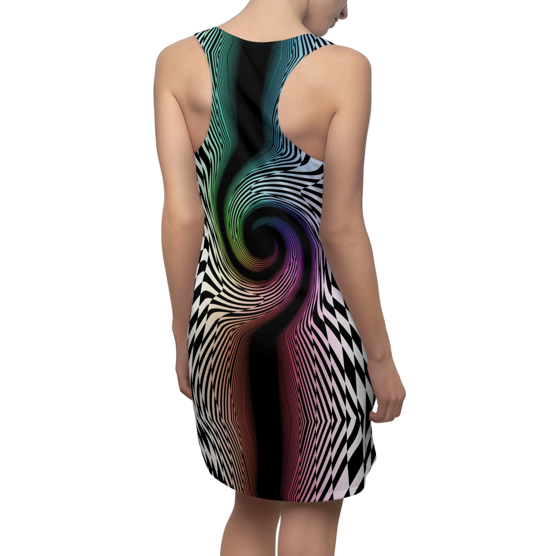 ladies trippy rave dress in rainbow spiral and checkerboard design, made in USA tariff-free