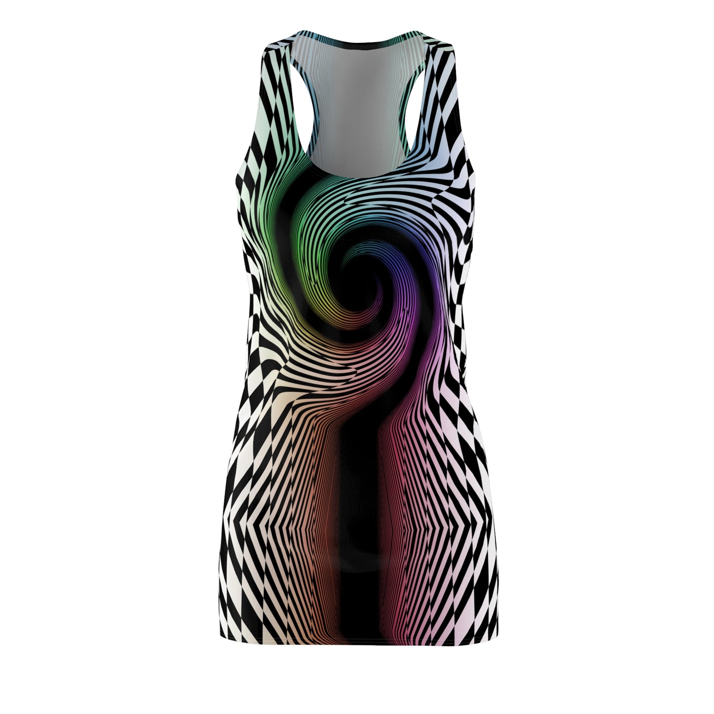 cool womens mini dress in easy care polyester, trippy rainbow spiral checker pattern made in America