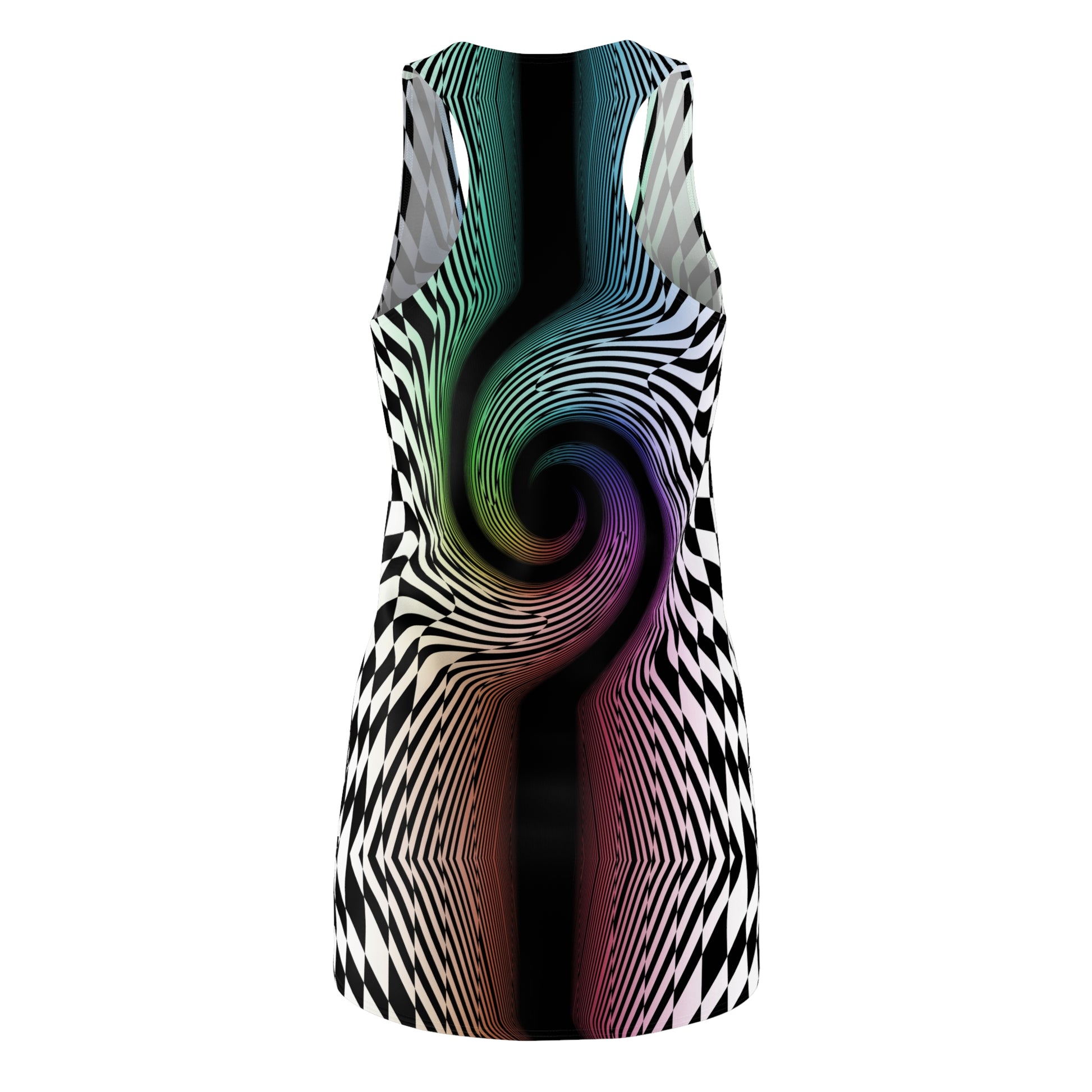 beautiful trippy ravewear dress with rainbow spiral and checkerboard pattern short beach dress