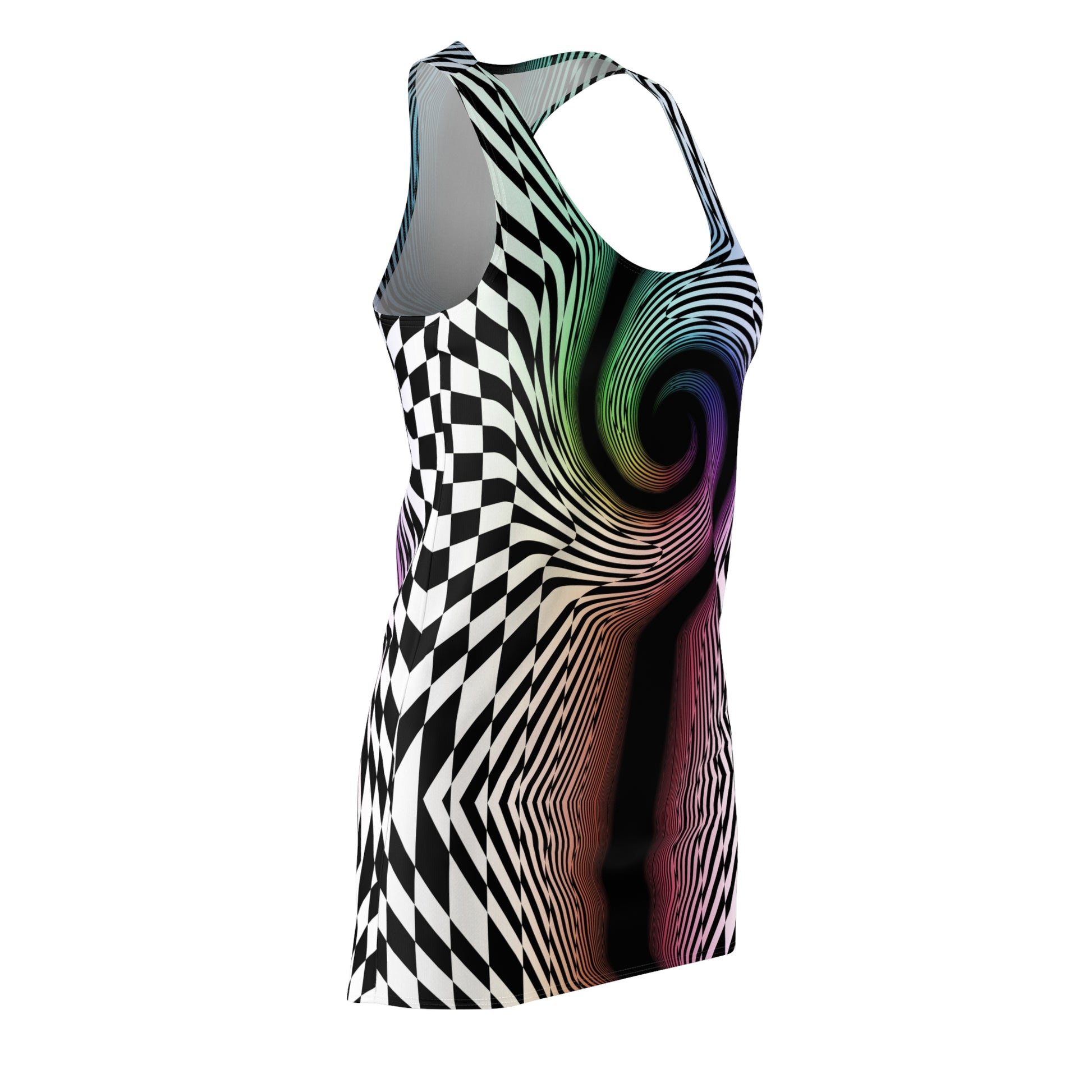 trippy rave outfit dress for women rainbow spiral and black and white warped checker pattern made in USA
