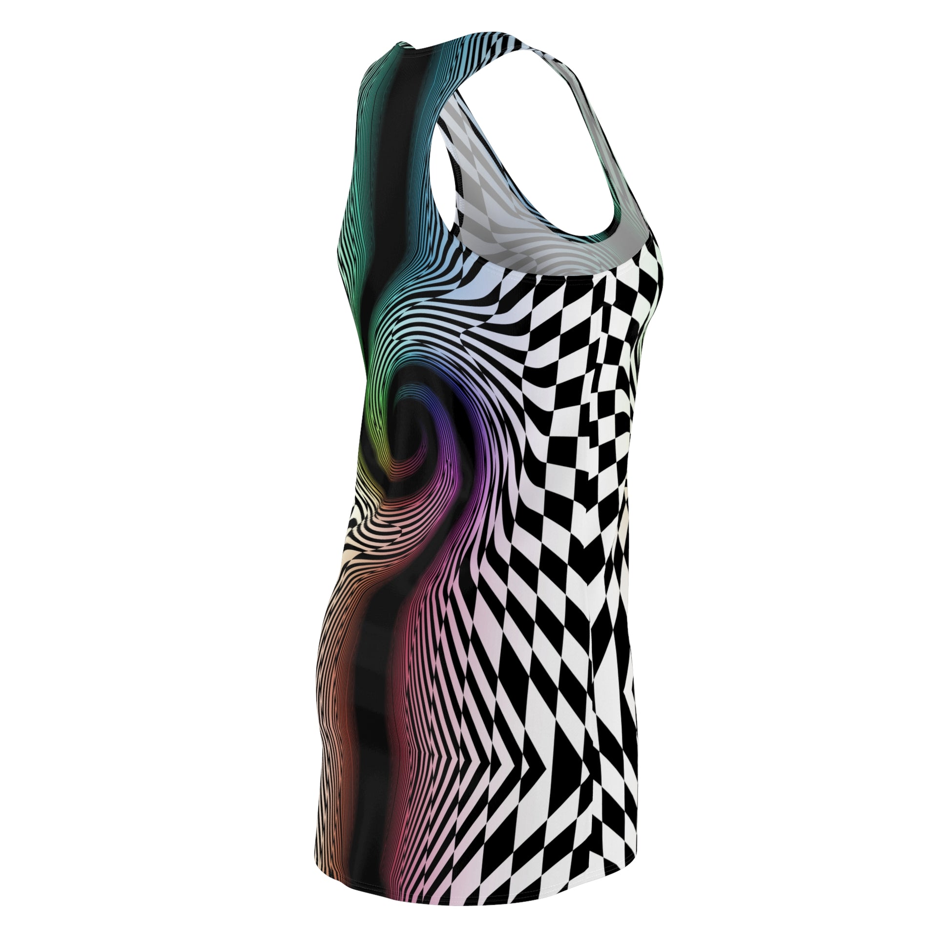 cool racerback tank dress for women, rainbow spiral trippy wonky checkerboard design short mini dress