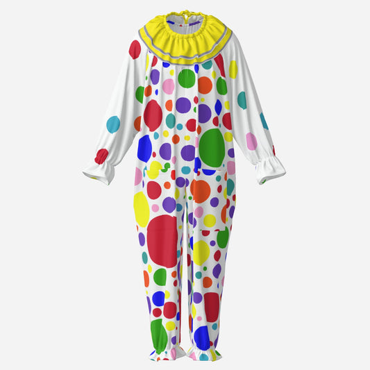 A one-piece clown costume with a white base covered in large multicolored polka dots, featuring a bright yellow ruffled collar and white long sleeves with ruffled cuffs, shown on a plain light gray background.