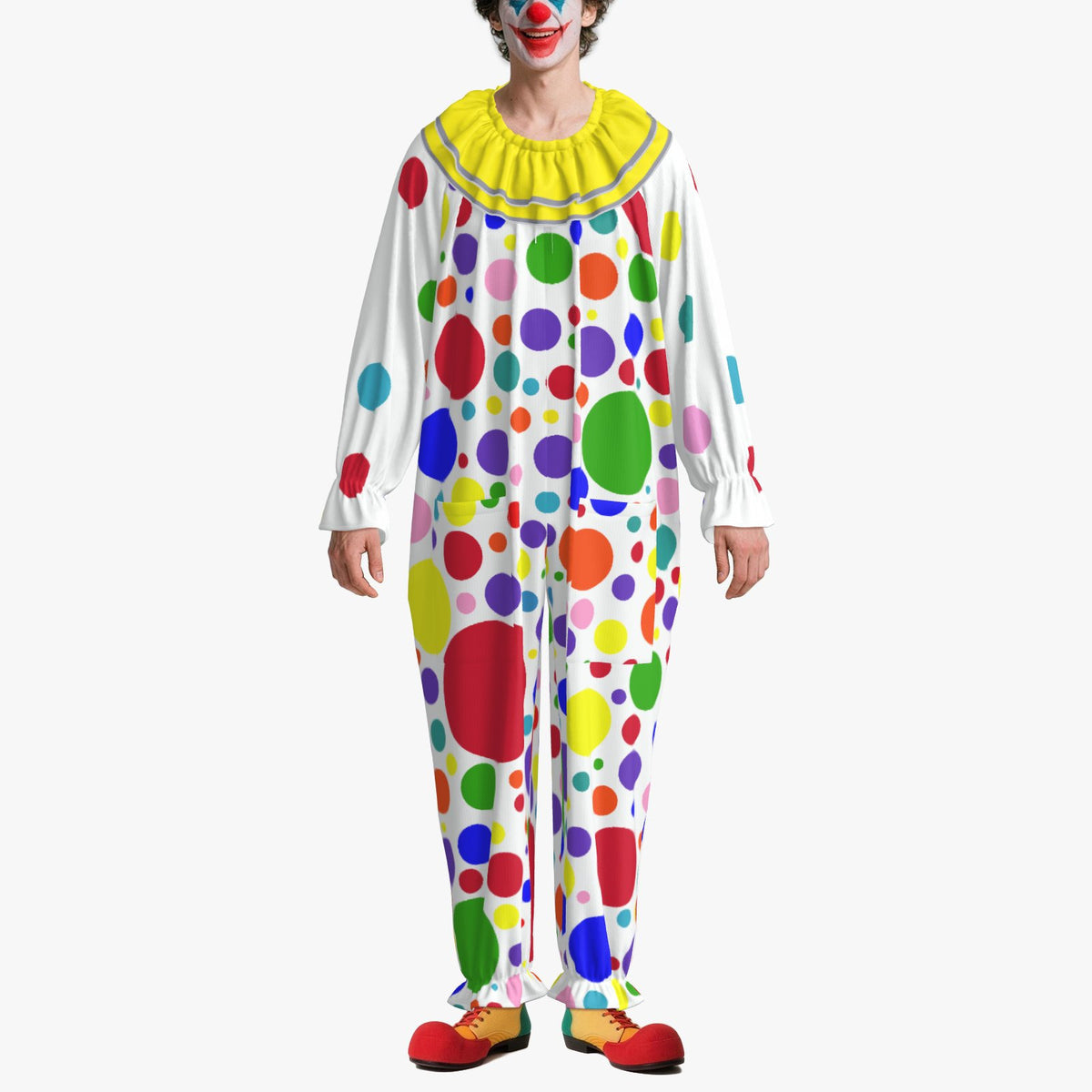 Circus Coveralls Vibrant Rainbow Tik Tok Dots Professional Clown Suit Collar Costume Set