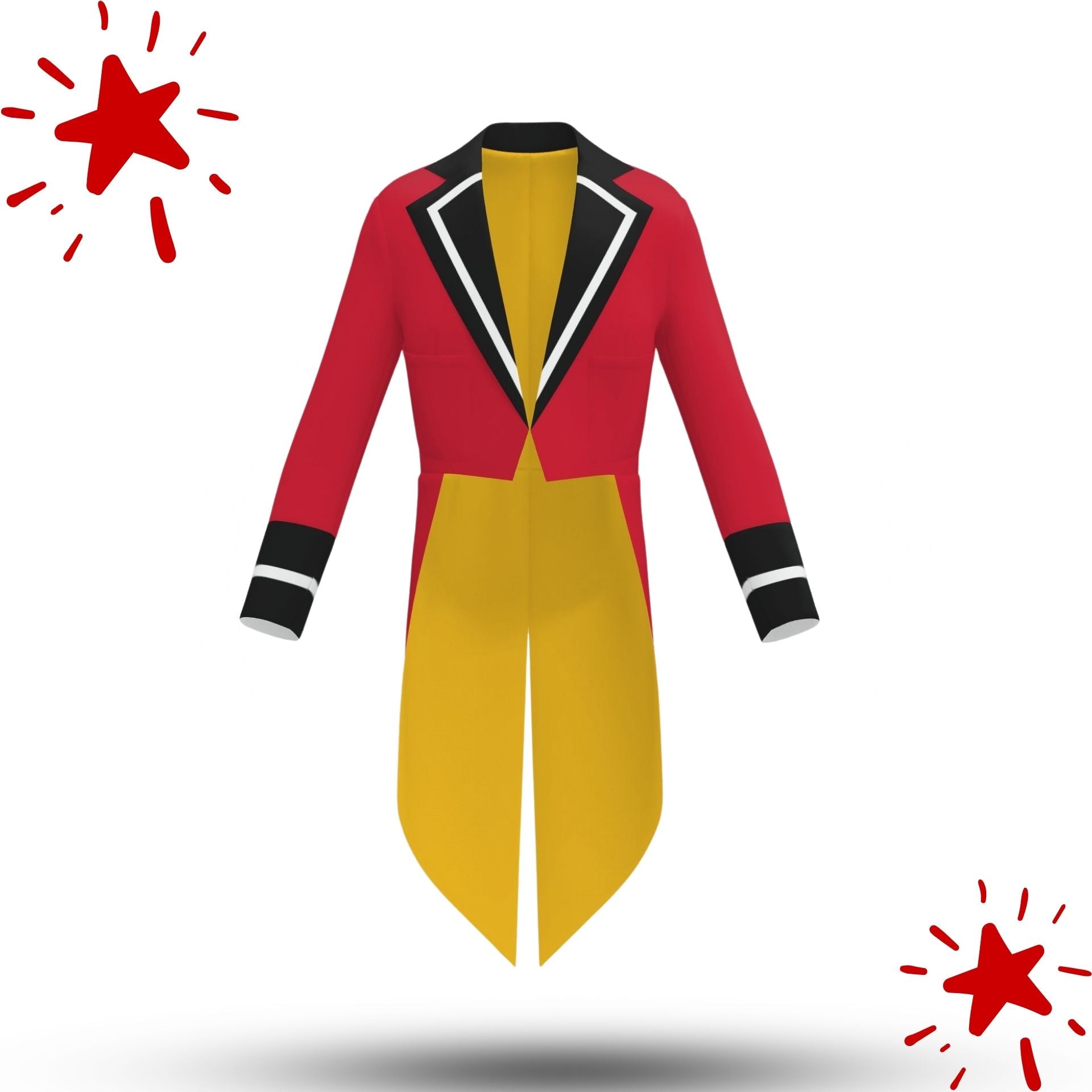 Red and yellow costume tailcoat with black accents on a white background
