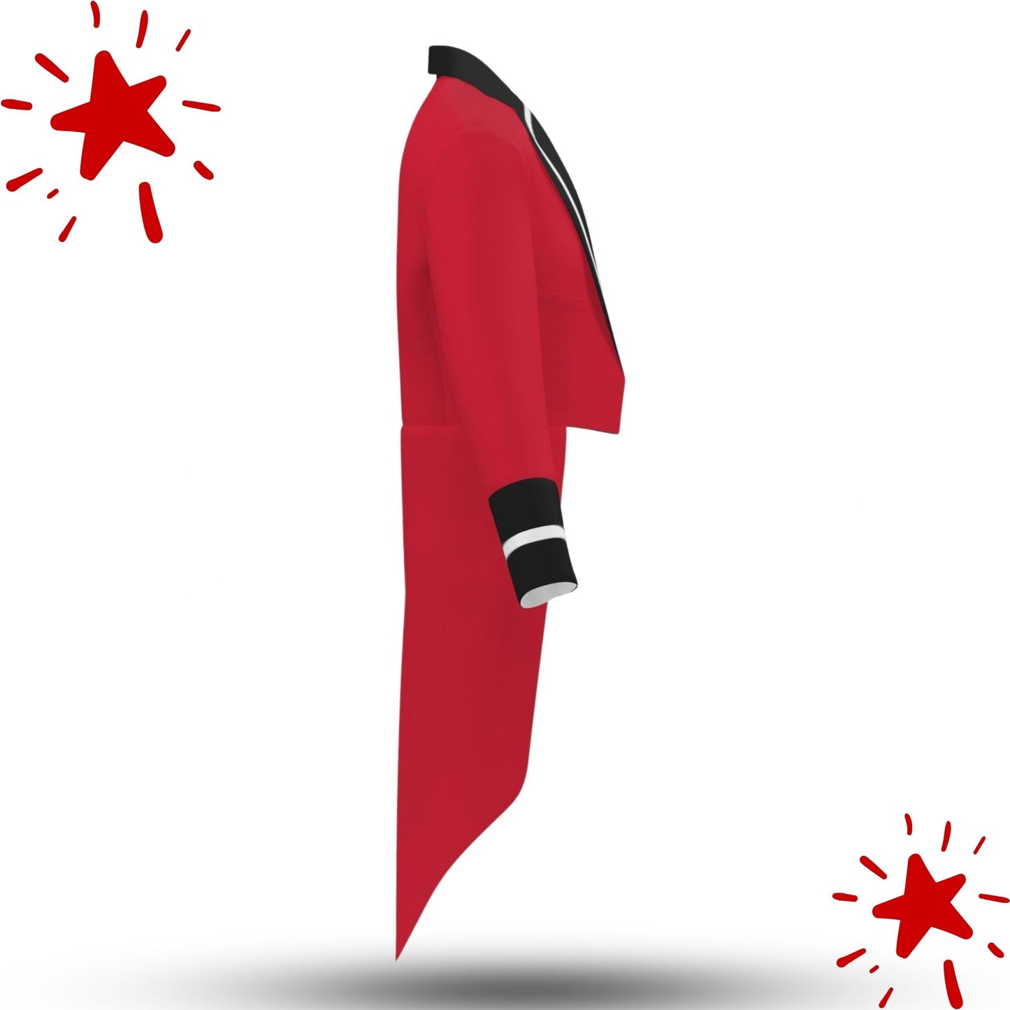 Red coat with black trim on a white background