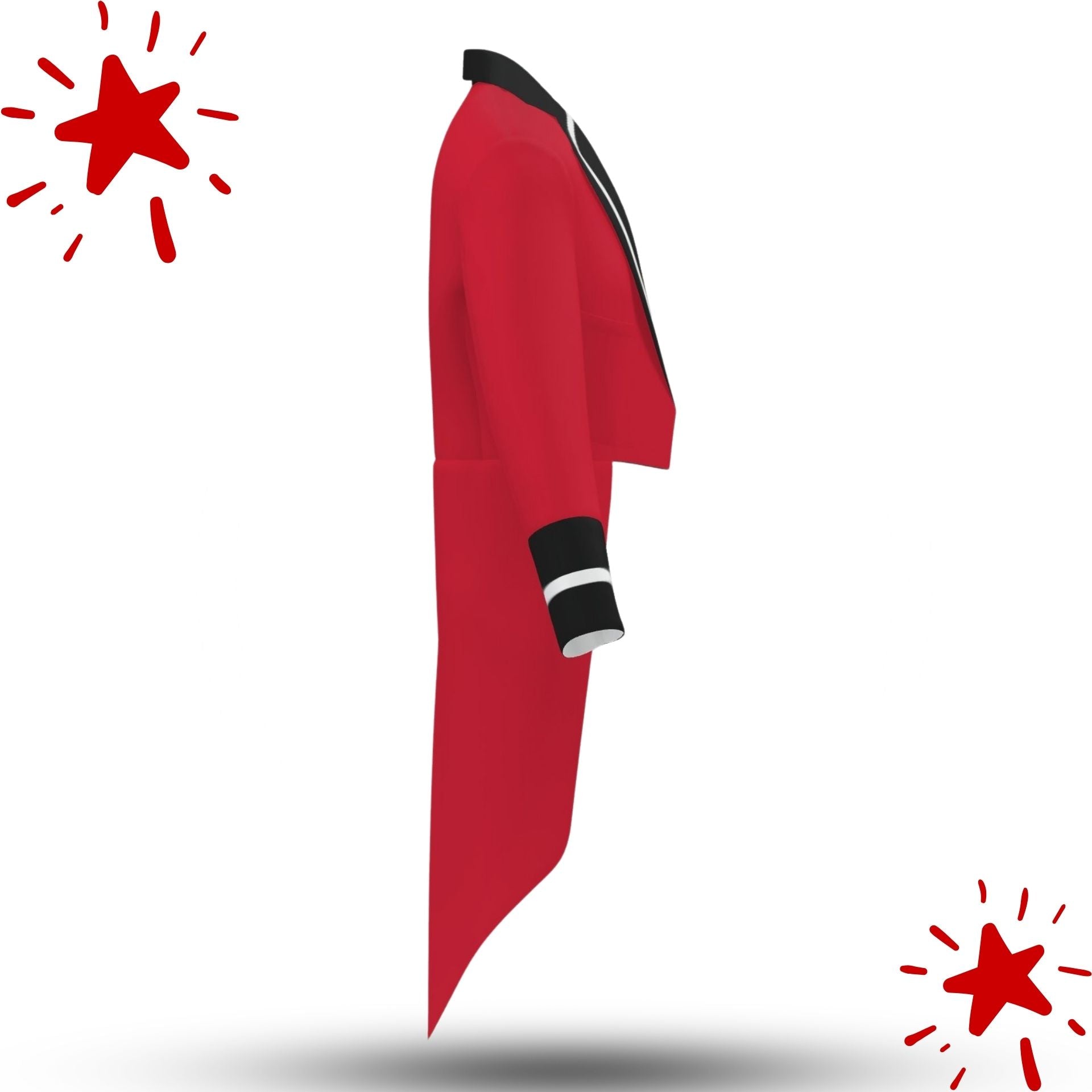 Red coat with black trim on a white background