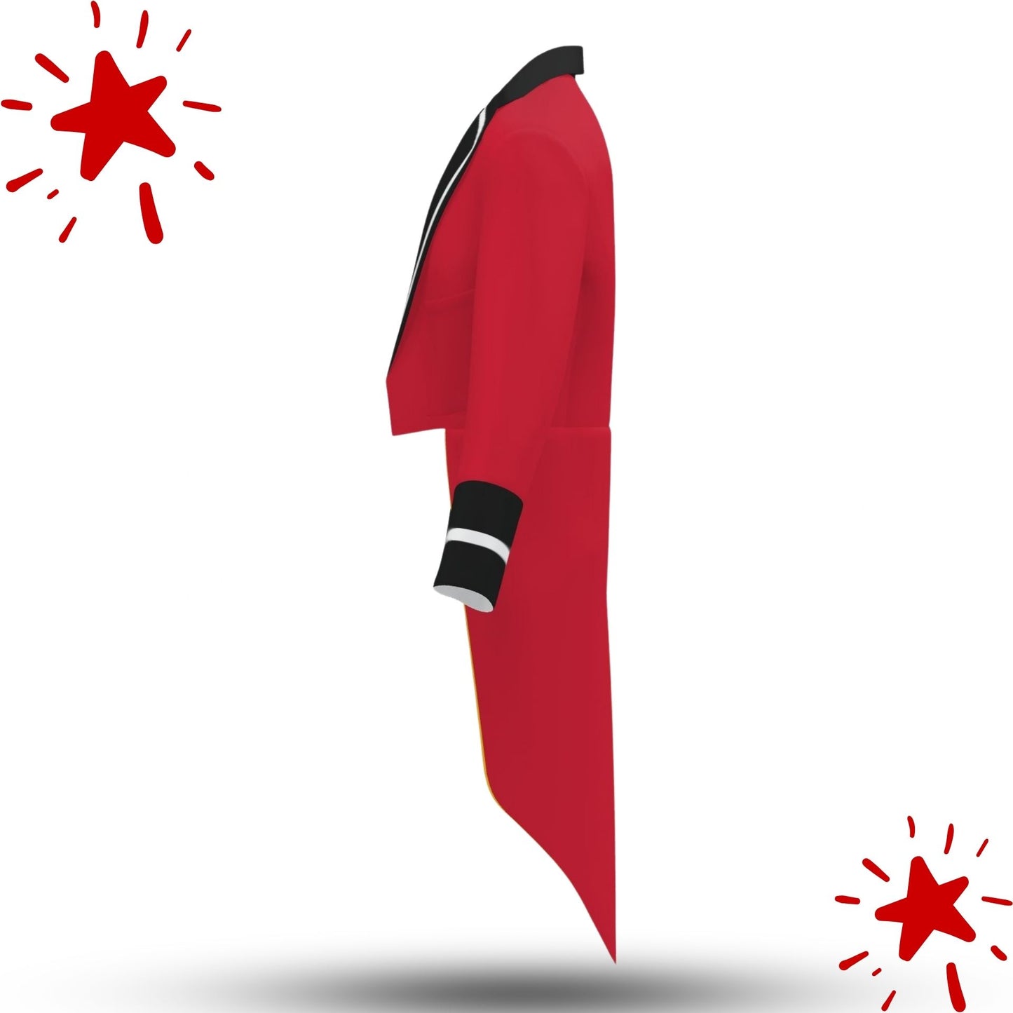 Red military-style jacket with black accents on a white background