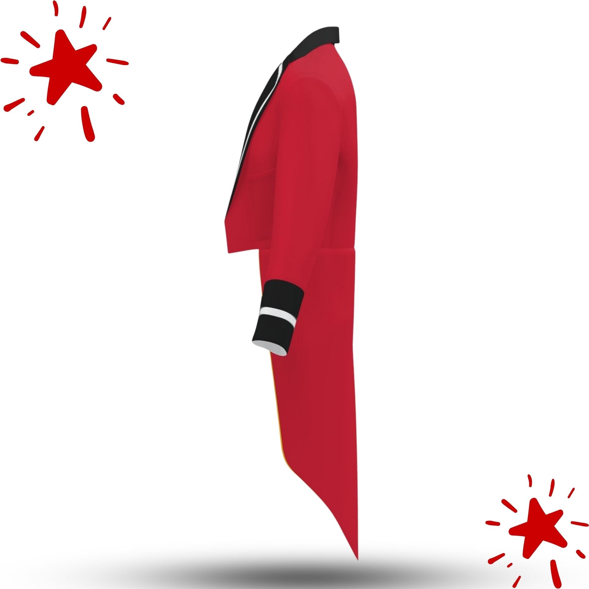 Red military-style jacket with black accents on a white background