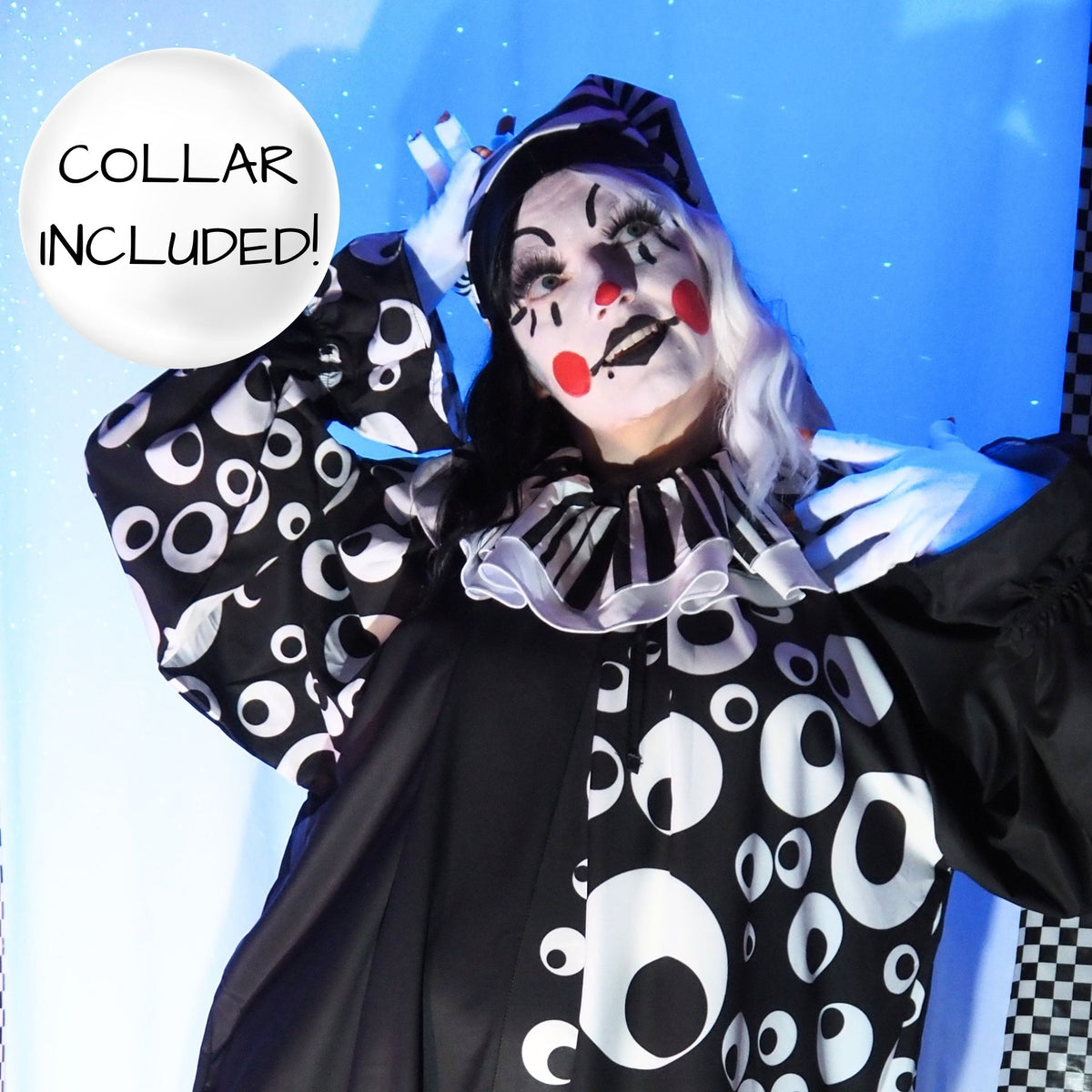 Circus Coveralls Googly Eye Black White Clown Suit w Collar