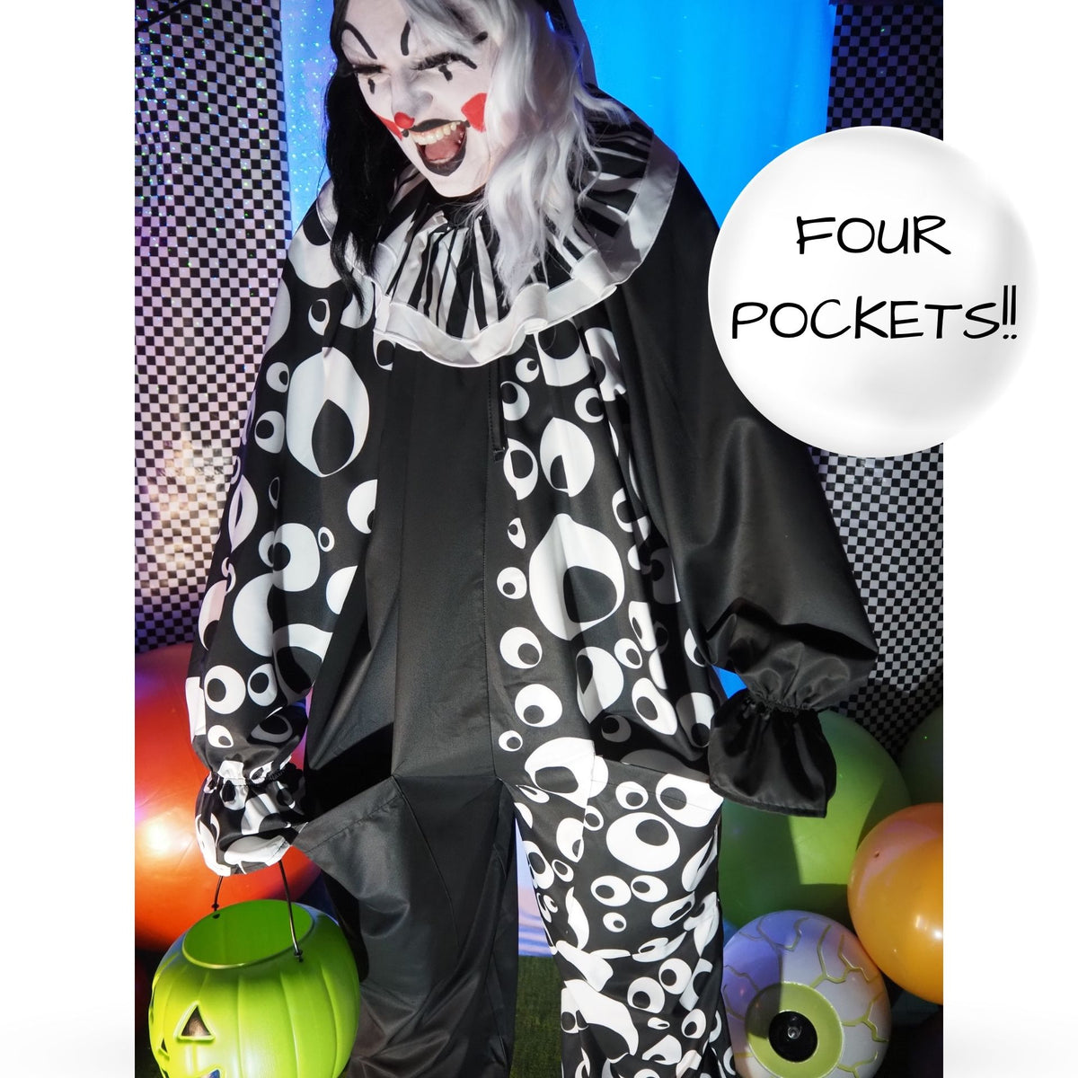 Circus Coveralls Googly Eye Black White Clown Suit w Collar