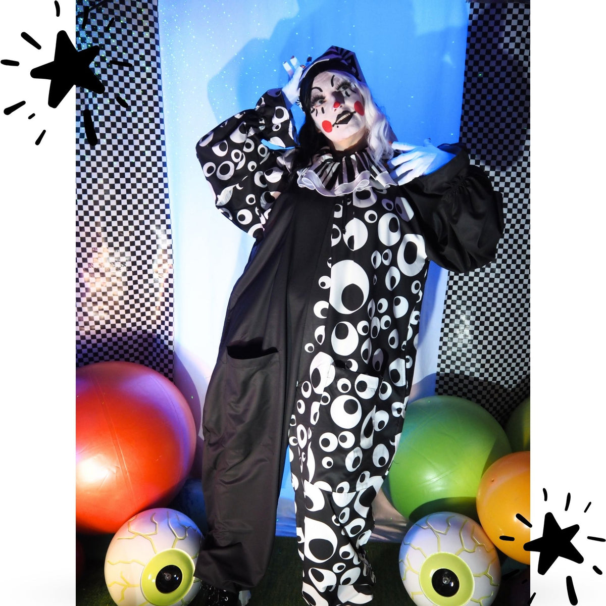 Circus Coveralls Googly Eye Black White Clown Suit w Collar