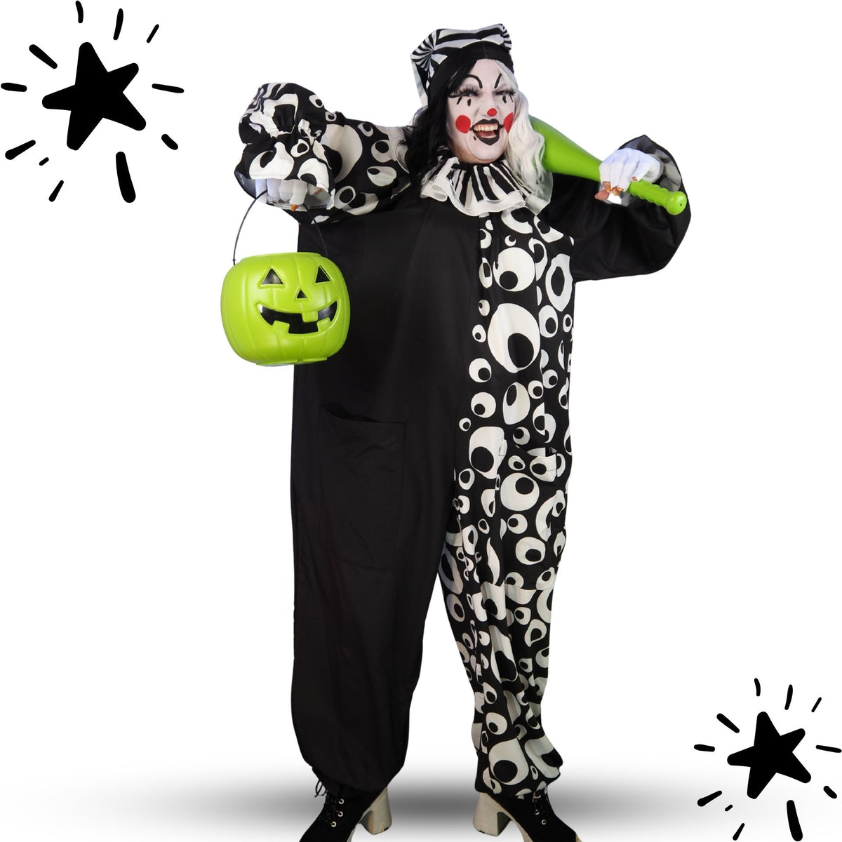 Circus Coveralls Googly Eye Black White Clown Suit w Collar